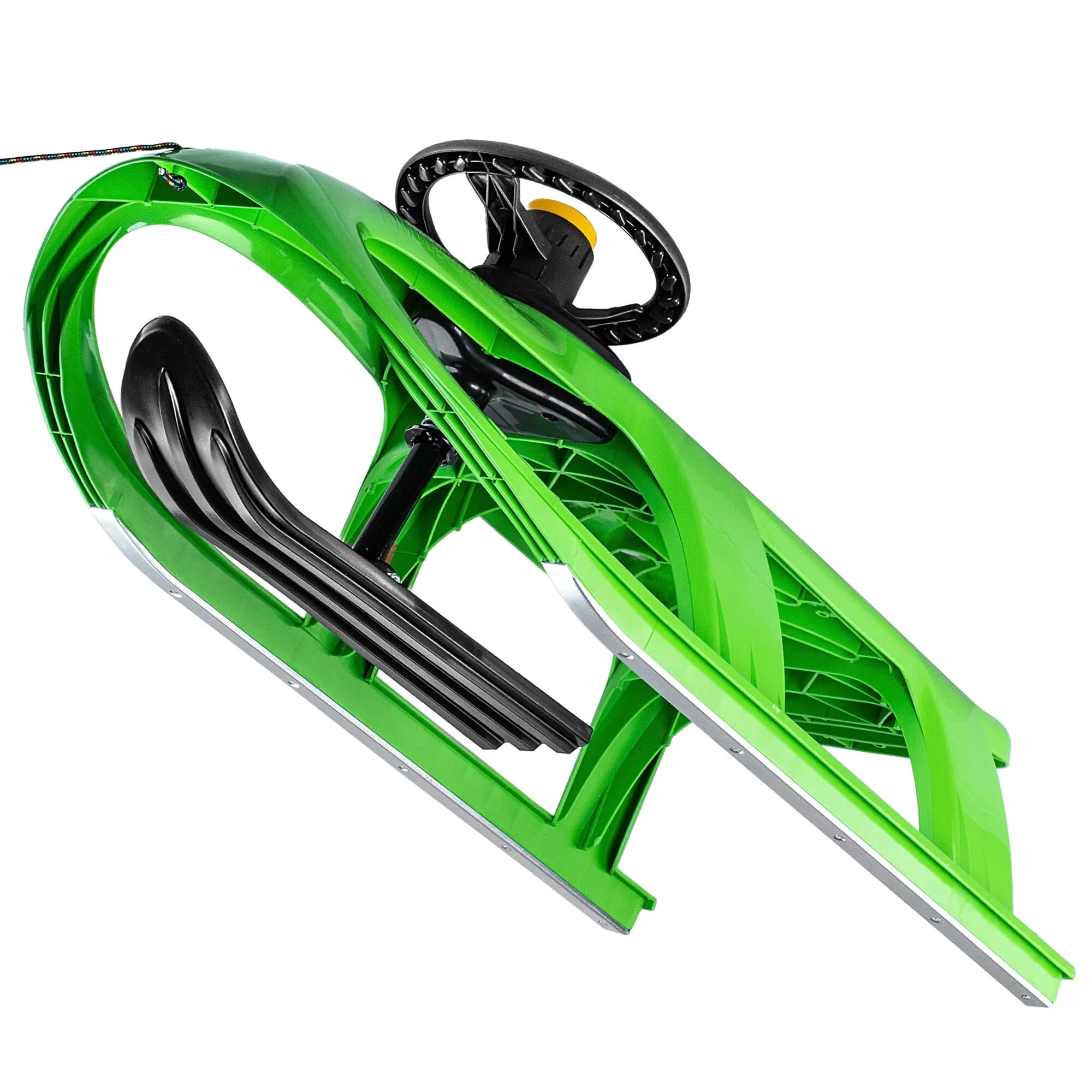 Plastikinės rogės su vairu ir garso signalu, žalios