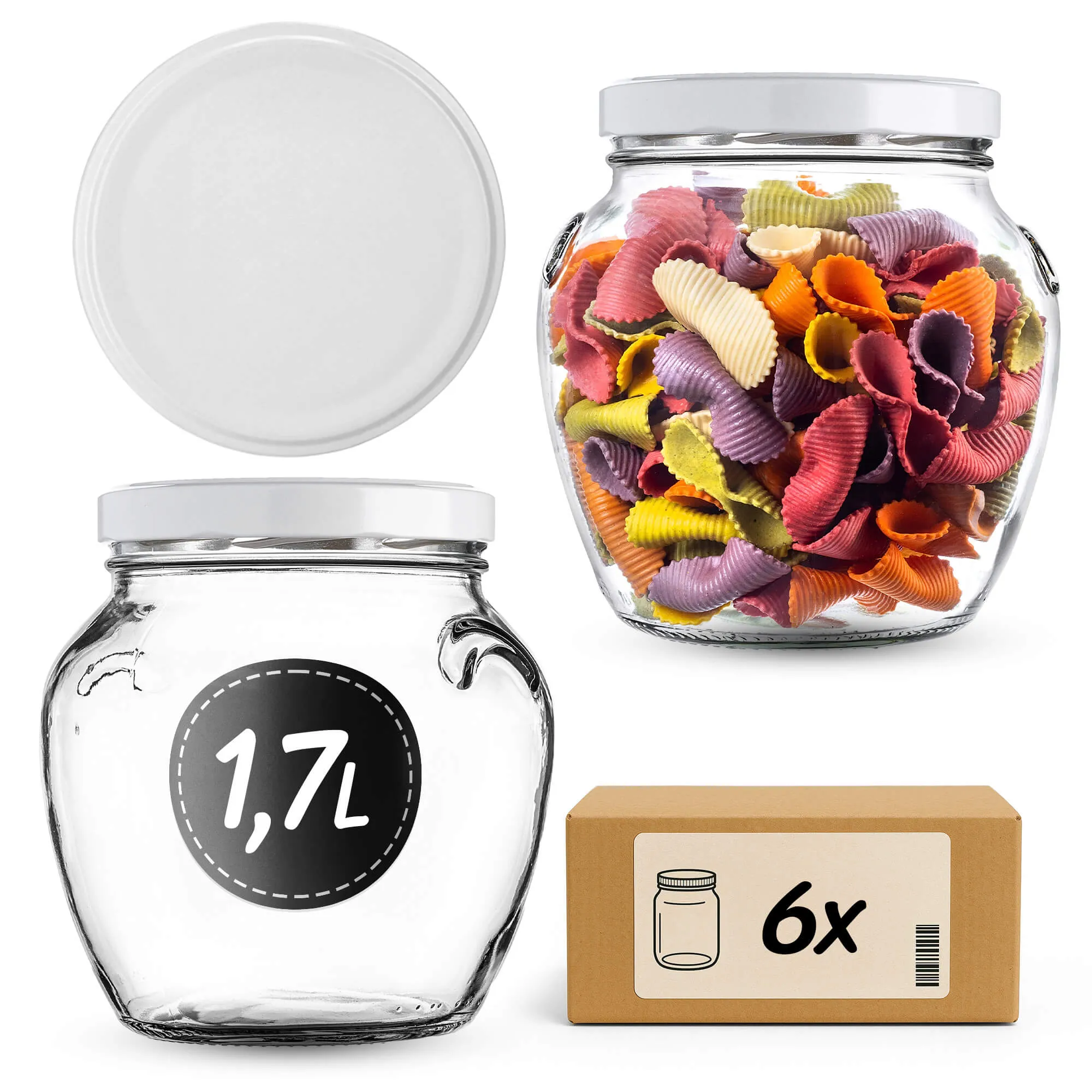 „Sassa“ konservavimo stiklainiai, 1700 ml, 6 vnt., 110 mm, + balti dangteliai