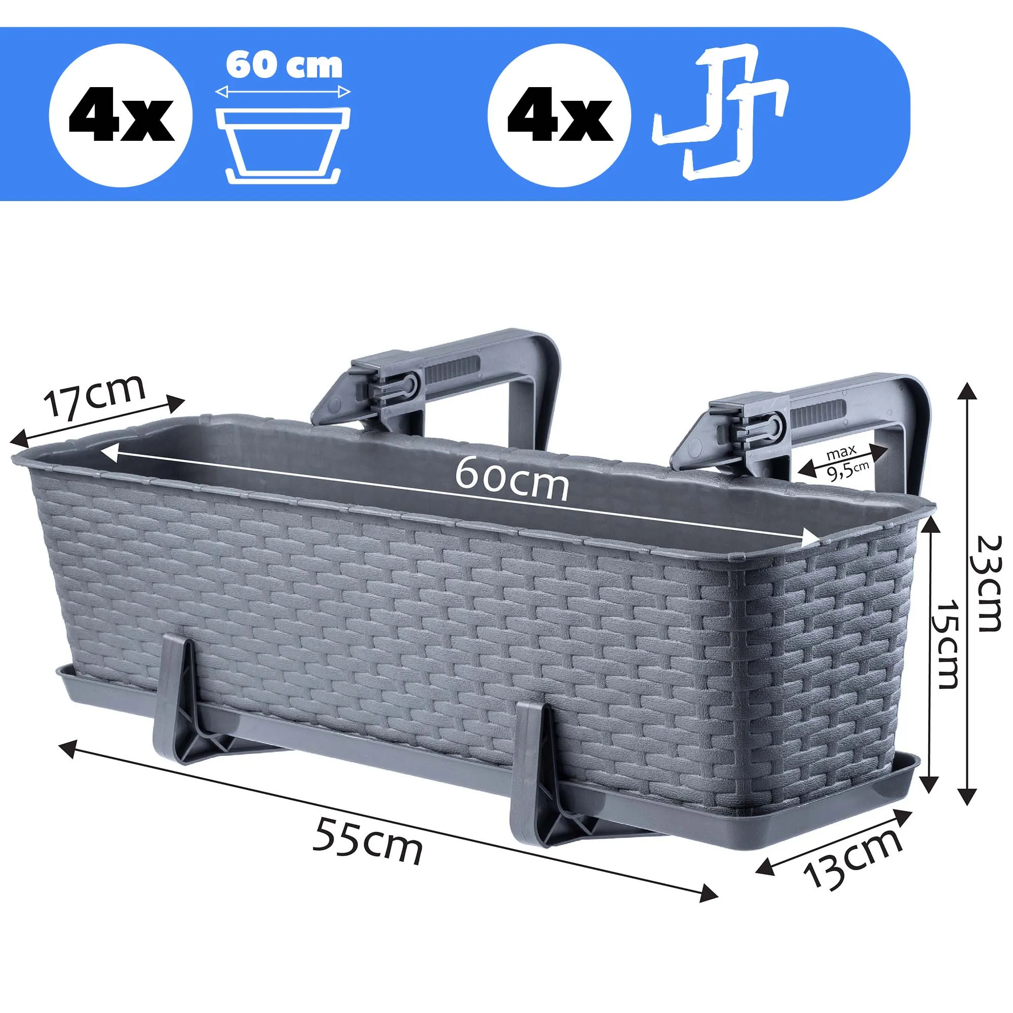 Balkono dėžė su rankenomis Castro grafito spalvos 60cm