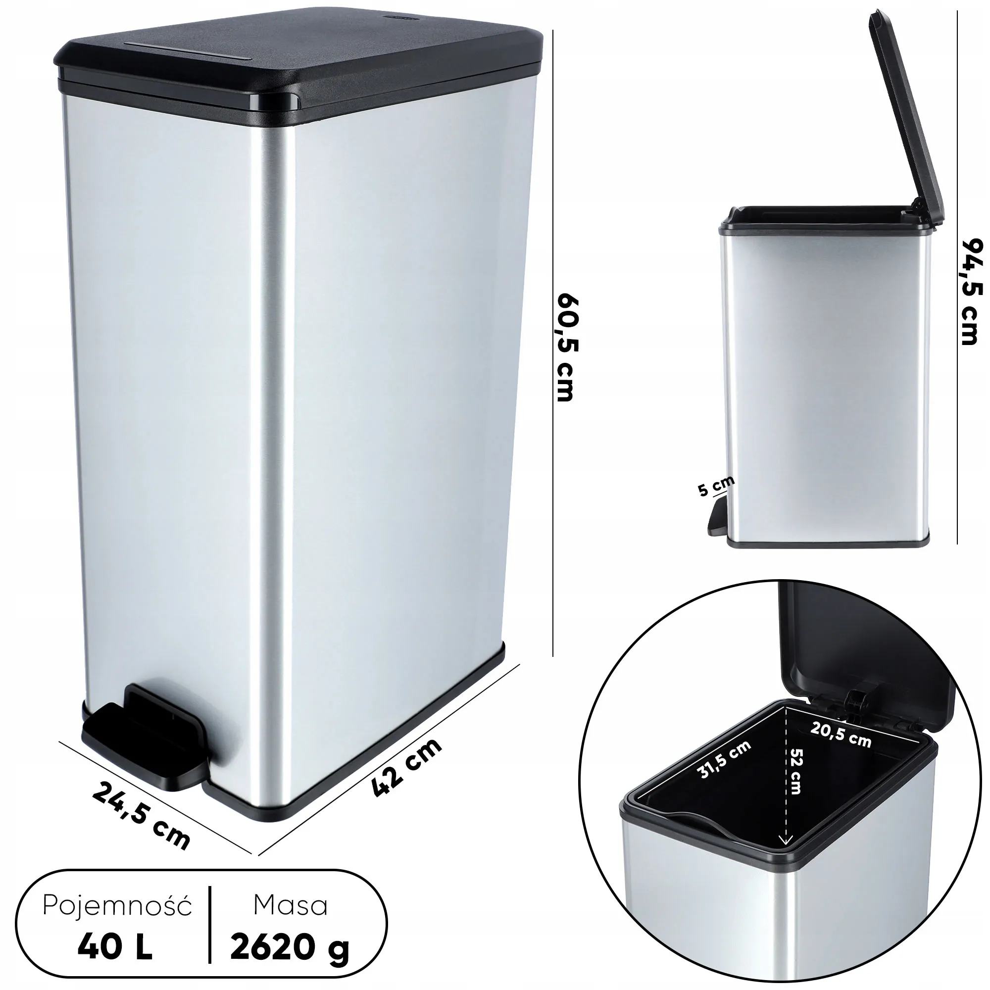 Curver Slim šiukšliadėžė 40 l, sidabrinė