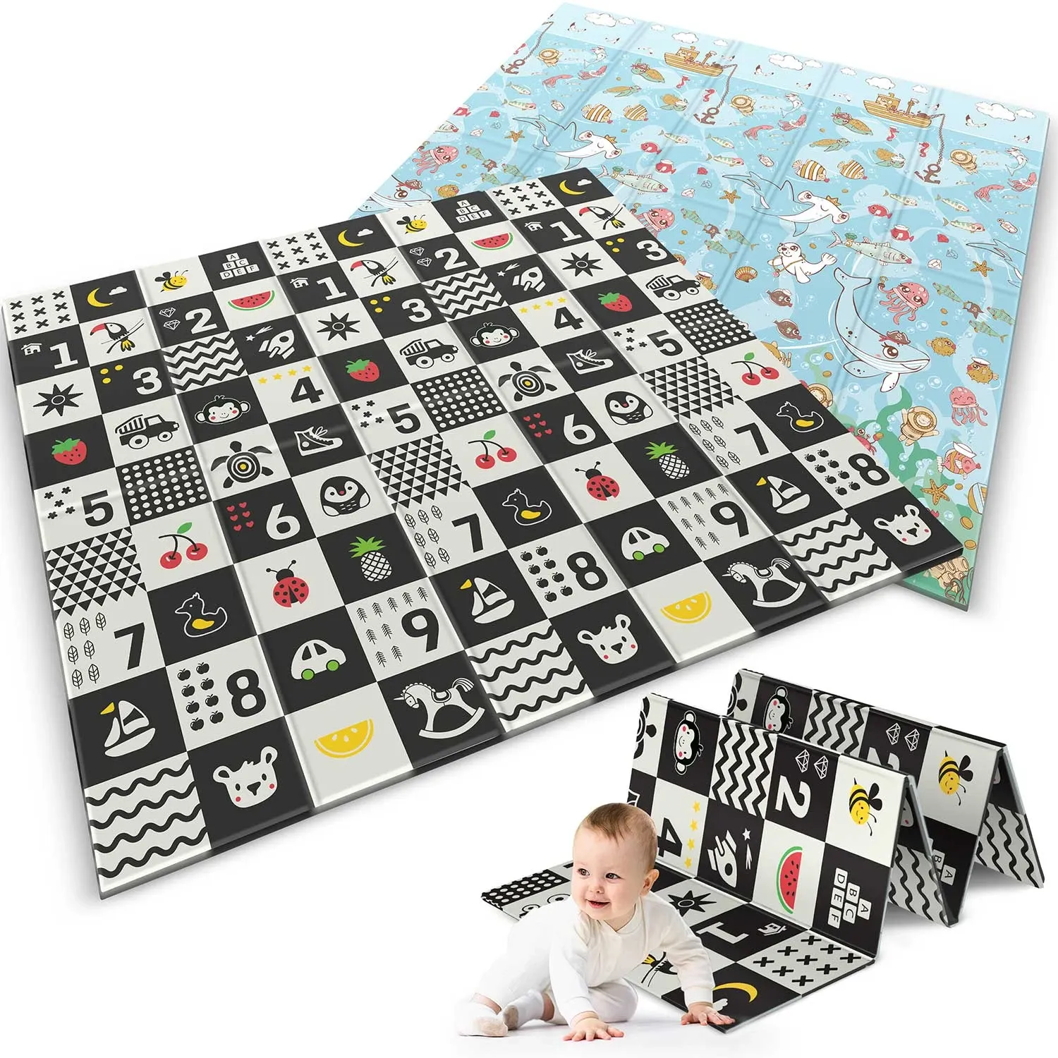 Sulankstomas edukacinis putplasčio kilimėlis 200 x 180 x 1 cm Nukido NK-340 vandenyno skaičiai - nuotrauka 1