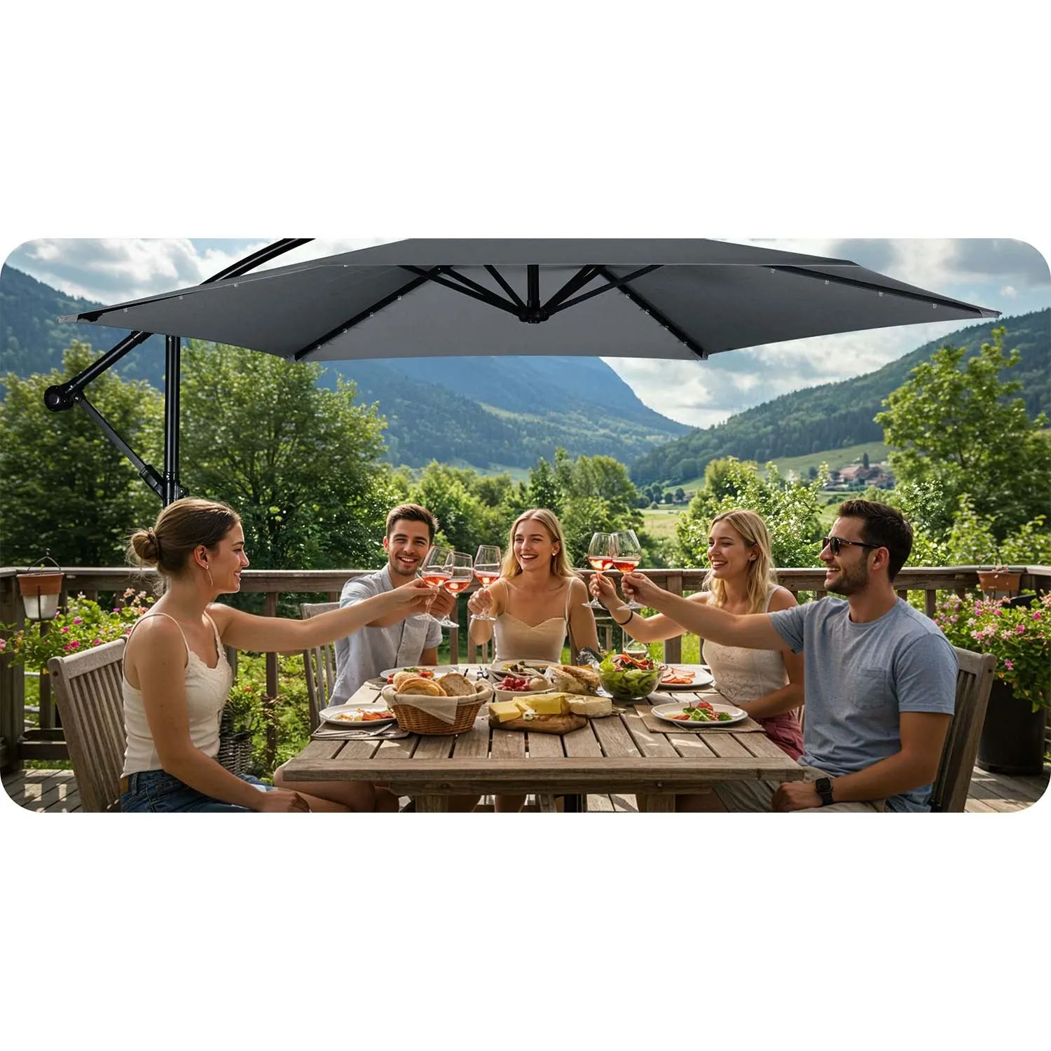 Sulankstomas sodo skėtis, 6 dalių, 350 cm, su dangčiu ir šviesomis, „Plonos PL-882“ - nuotrauka 1