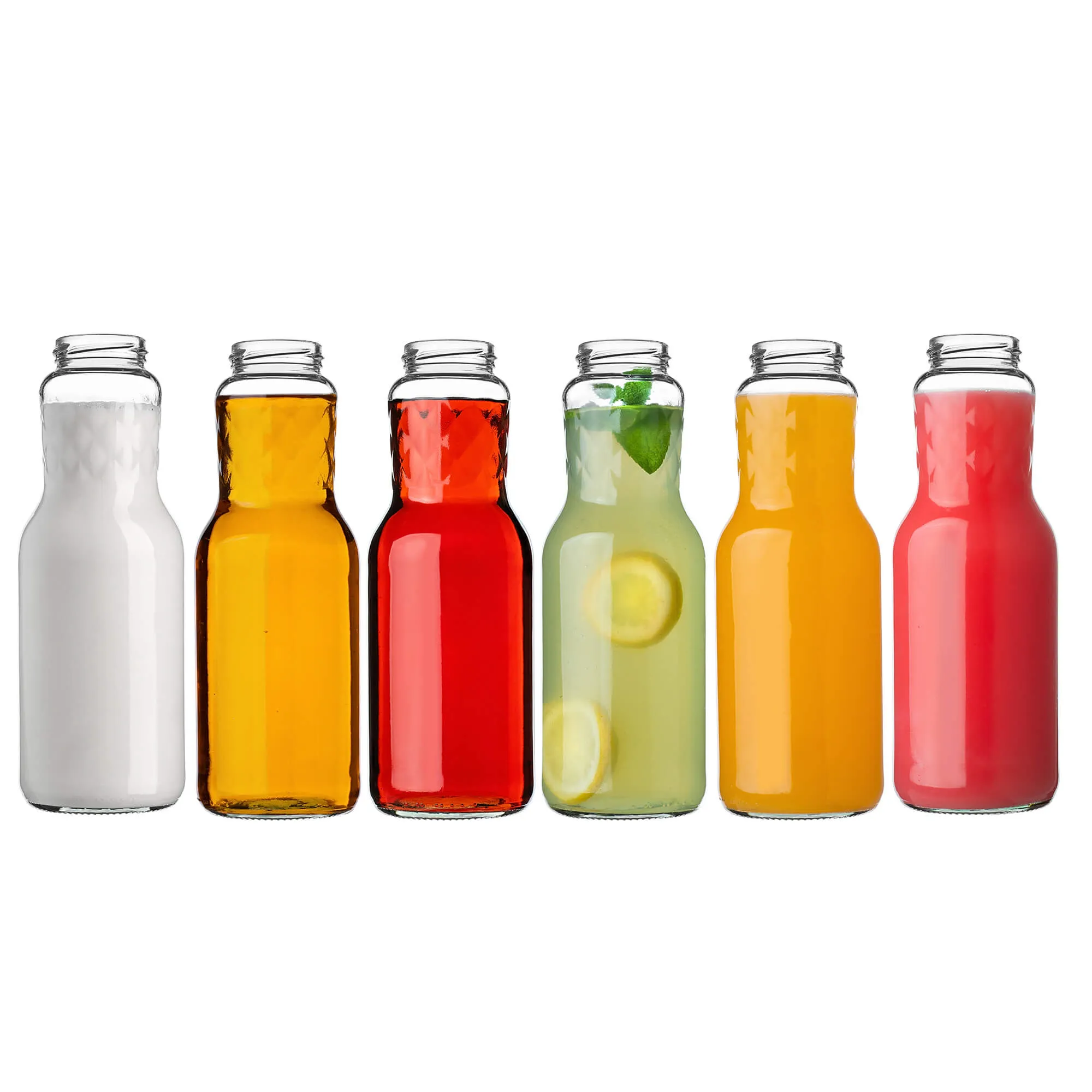 Stikliniai buteliai Sorga sultims 1L + dangteliai FI53 auksiniai 3 vnt.