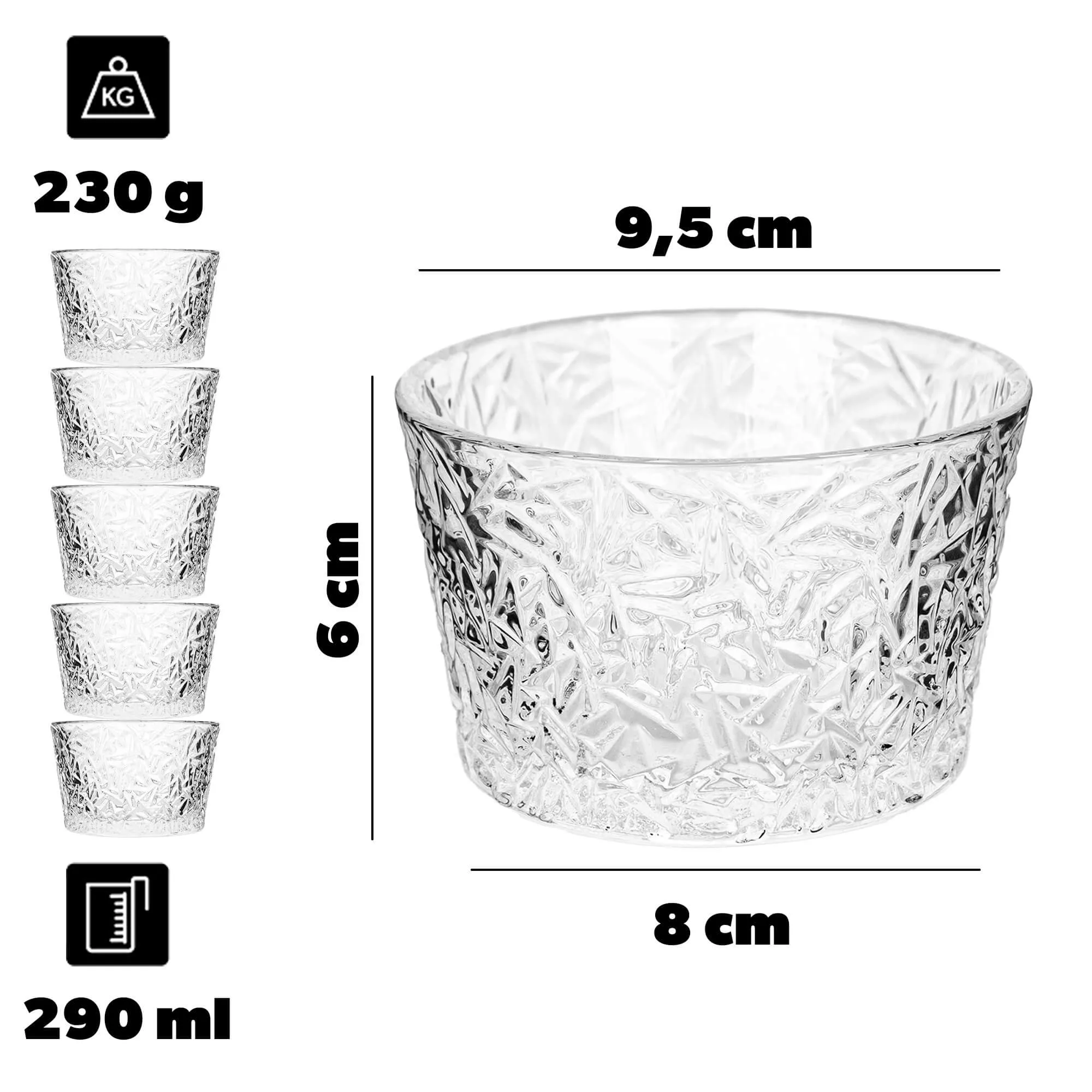 „Torza“ ledų indeliai 290 ml be kojelės, su ledo raštu, 6 vnt.