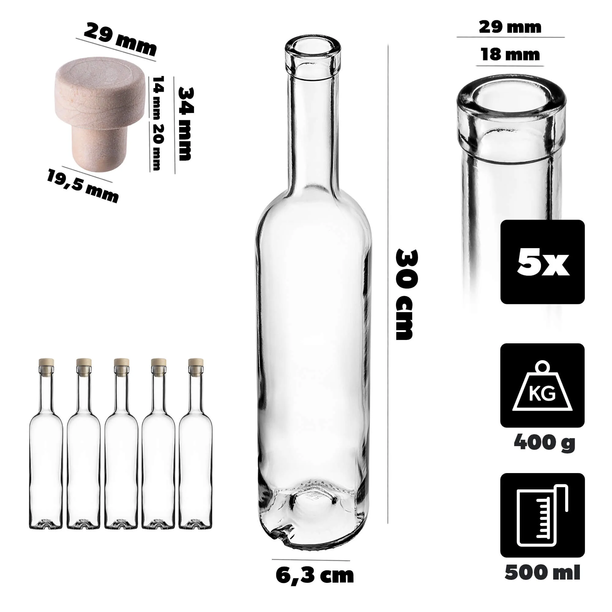 Futura butelis 500 ml su sintetiniu kamščiu 5 vnt.