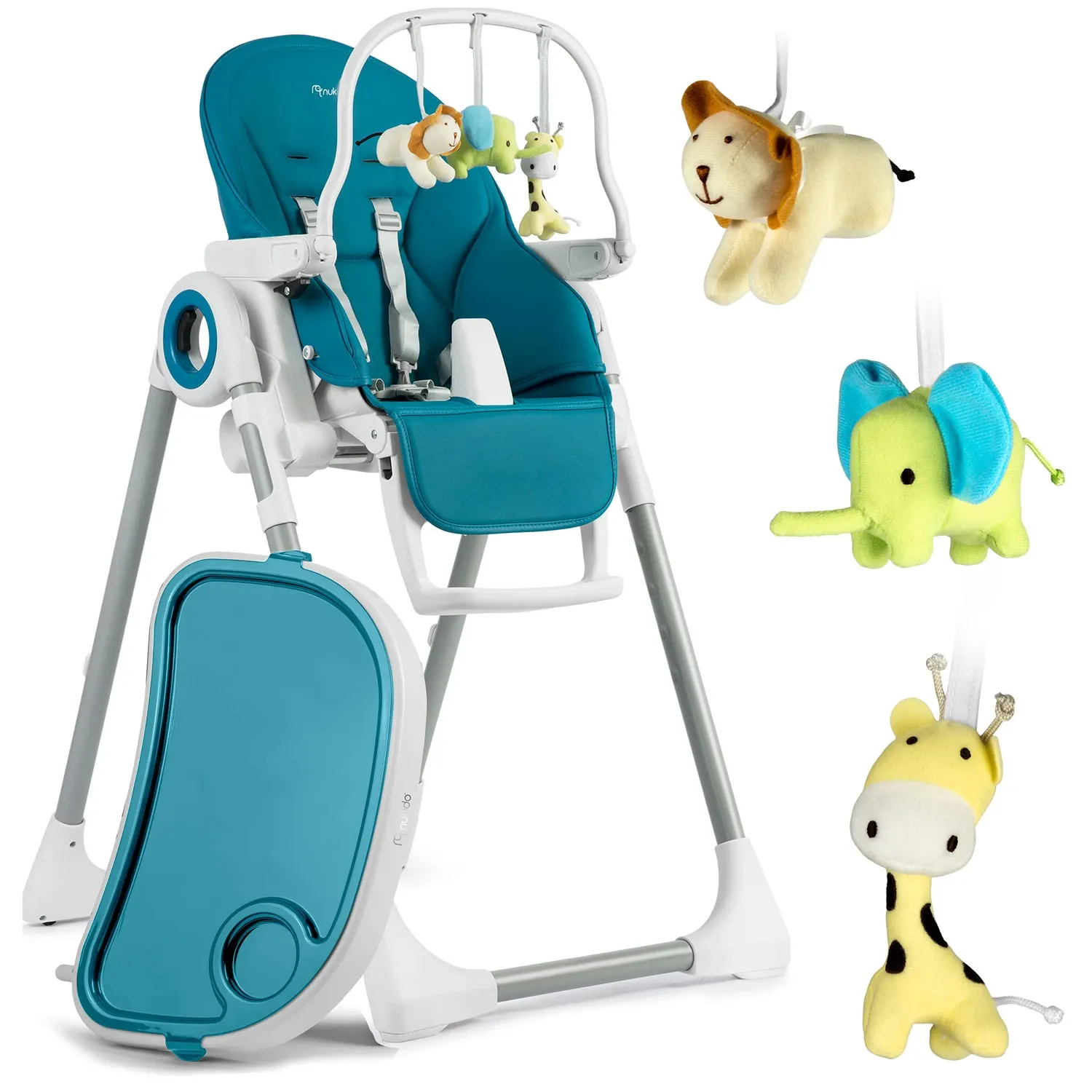 Belo maitinimo kėdutė su staliuku, batutu, tamsiai mėlyna + žaislų laikiklis - nuotrauka 1