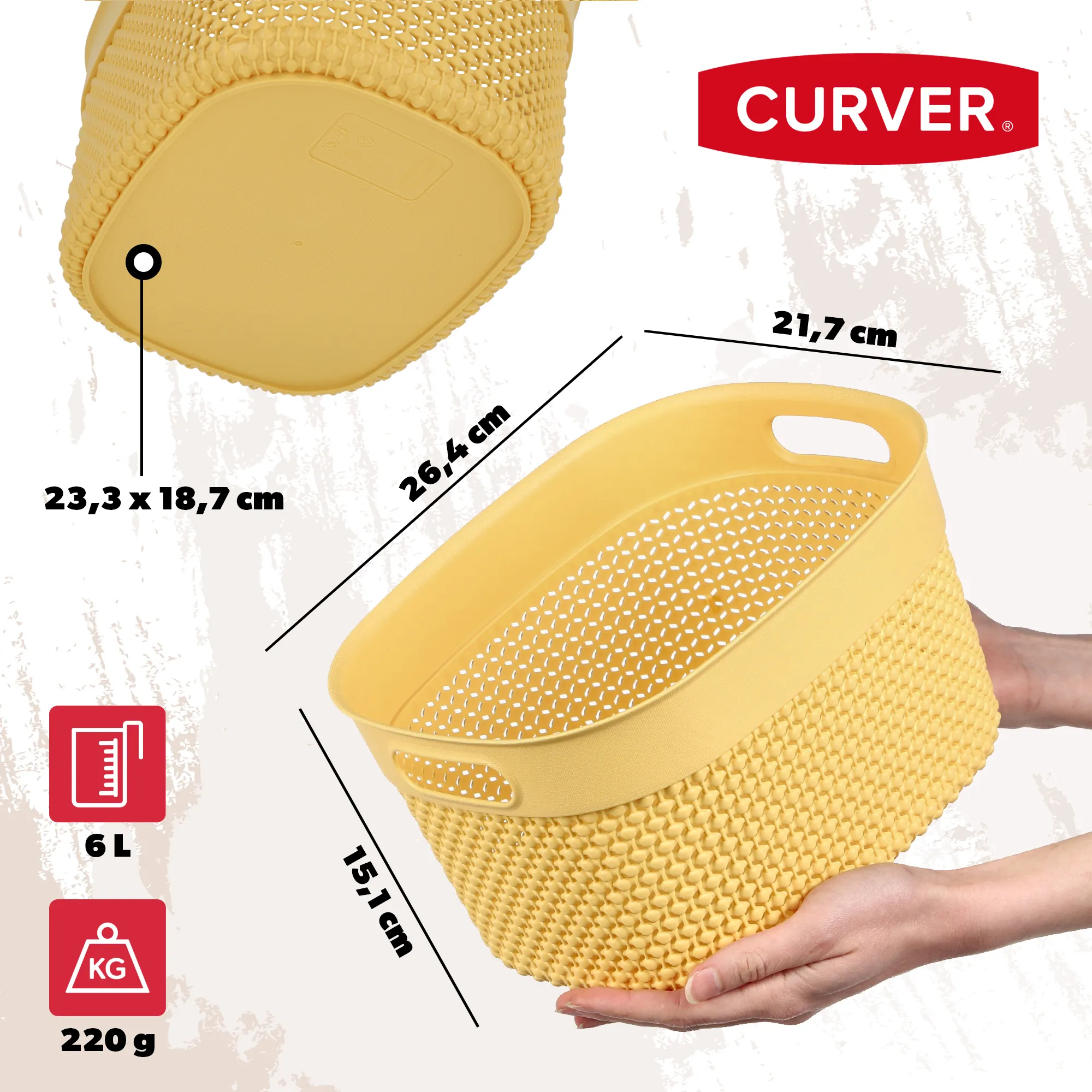 6 l „Curver Filo“ perdirbto stačiakampio formos krepšelis, geltonas
