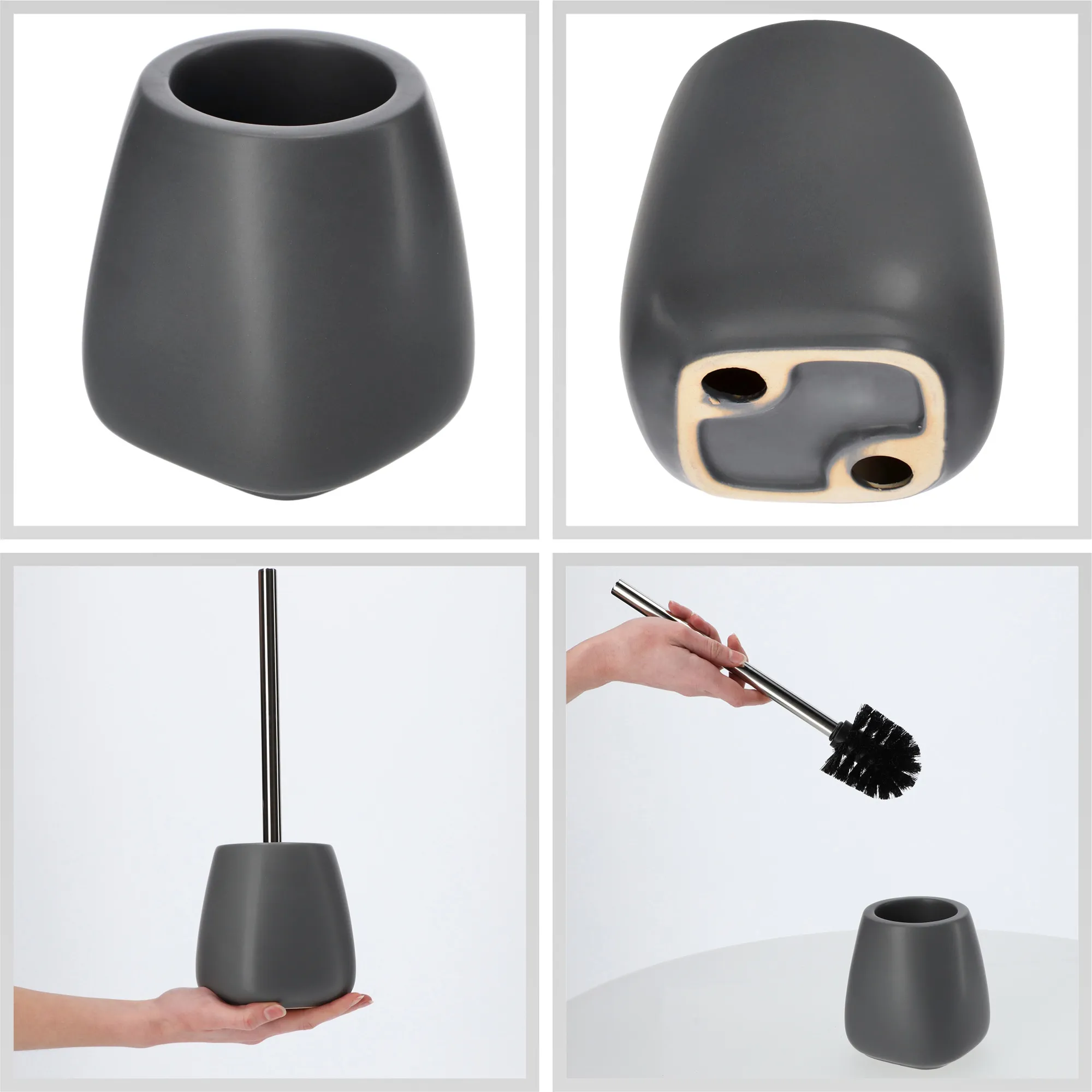 Vonios kambario komplektas: tualetinis šepetys + puodelis + dozatorius, pilkas