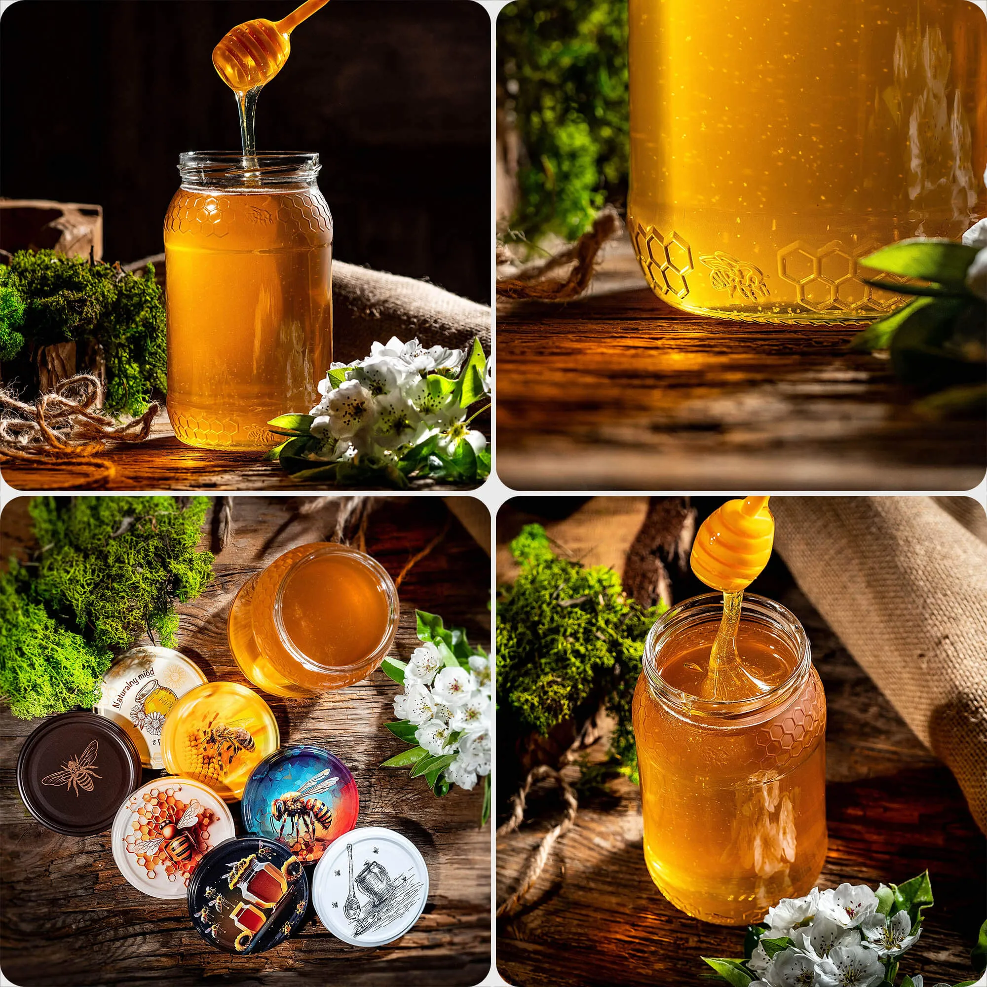 Lierde stikliniai indeliai 900 ml 82 mm 24 vnt. + dangteliai „Vitražas su bite“