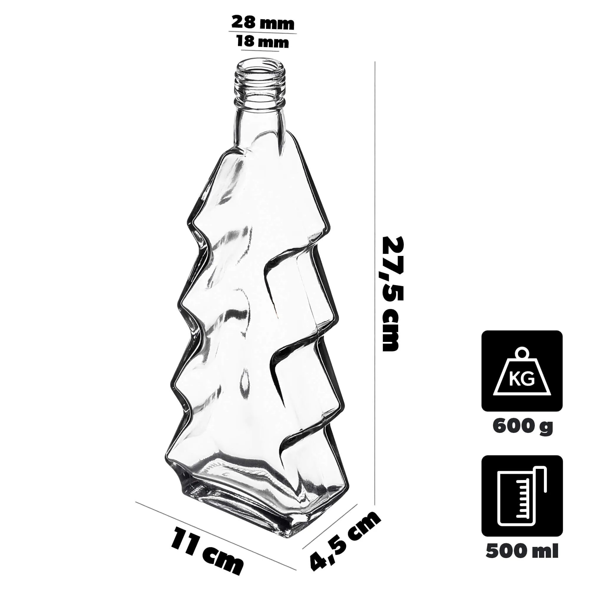 Enna kalėdinės eglutės formos stiklinis butelis 500 ml su raudonu dangteliu 1 vnt.