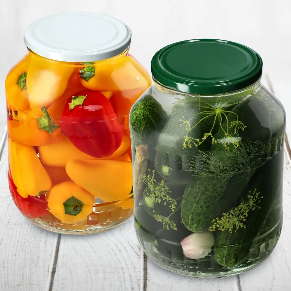 Boro stikliniai indeliai 1,7 l 89 mm + žali dangteliai 8 vnt.