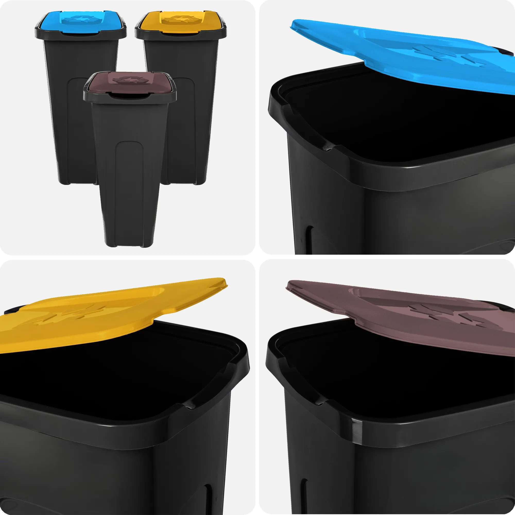 „Entrago“ 30 l šiukšliadėžių komplektas rudas, mėlynas, geltonas