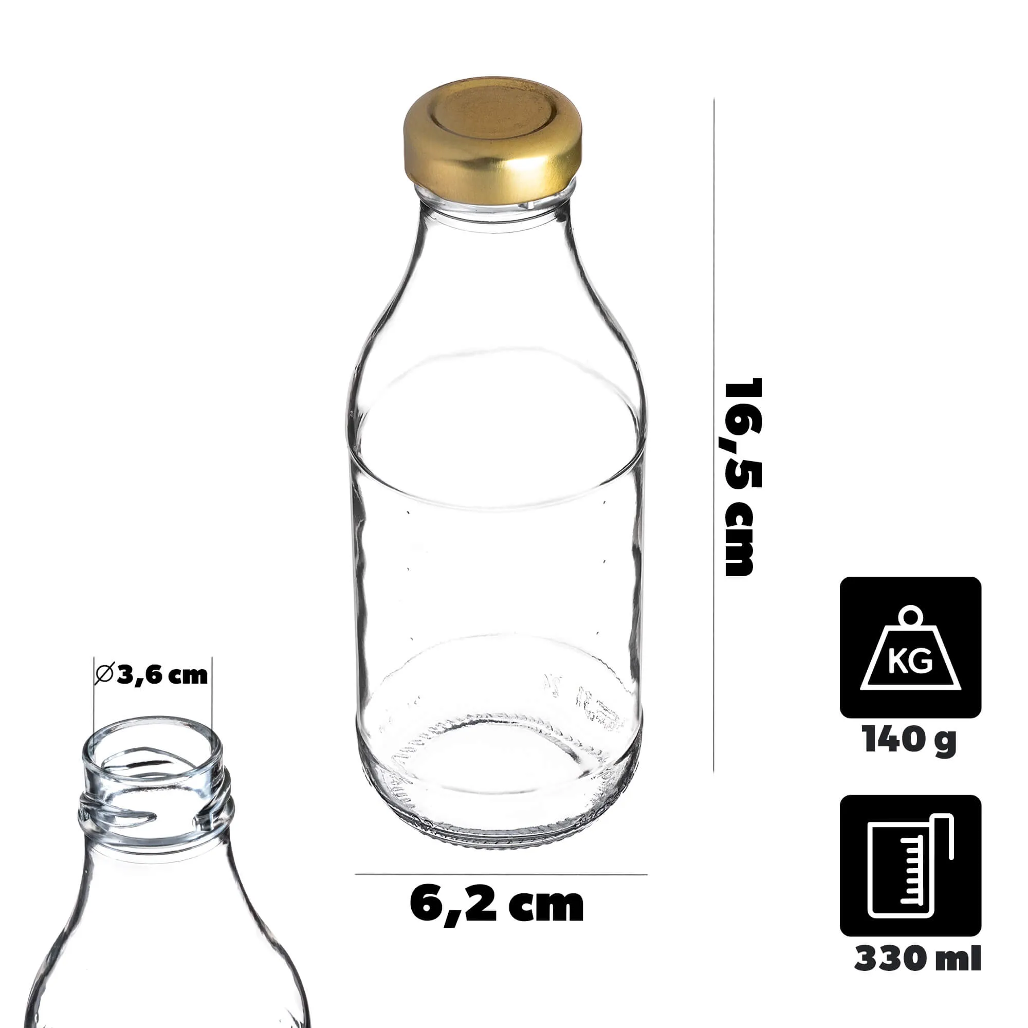 Potelle stikliniai sulčių buteliai 0,33 l su auksiniu dangteliu, 10 vnt.