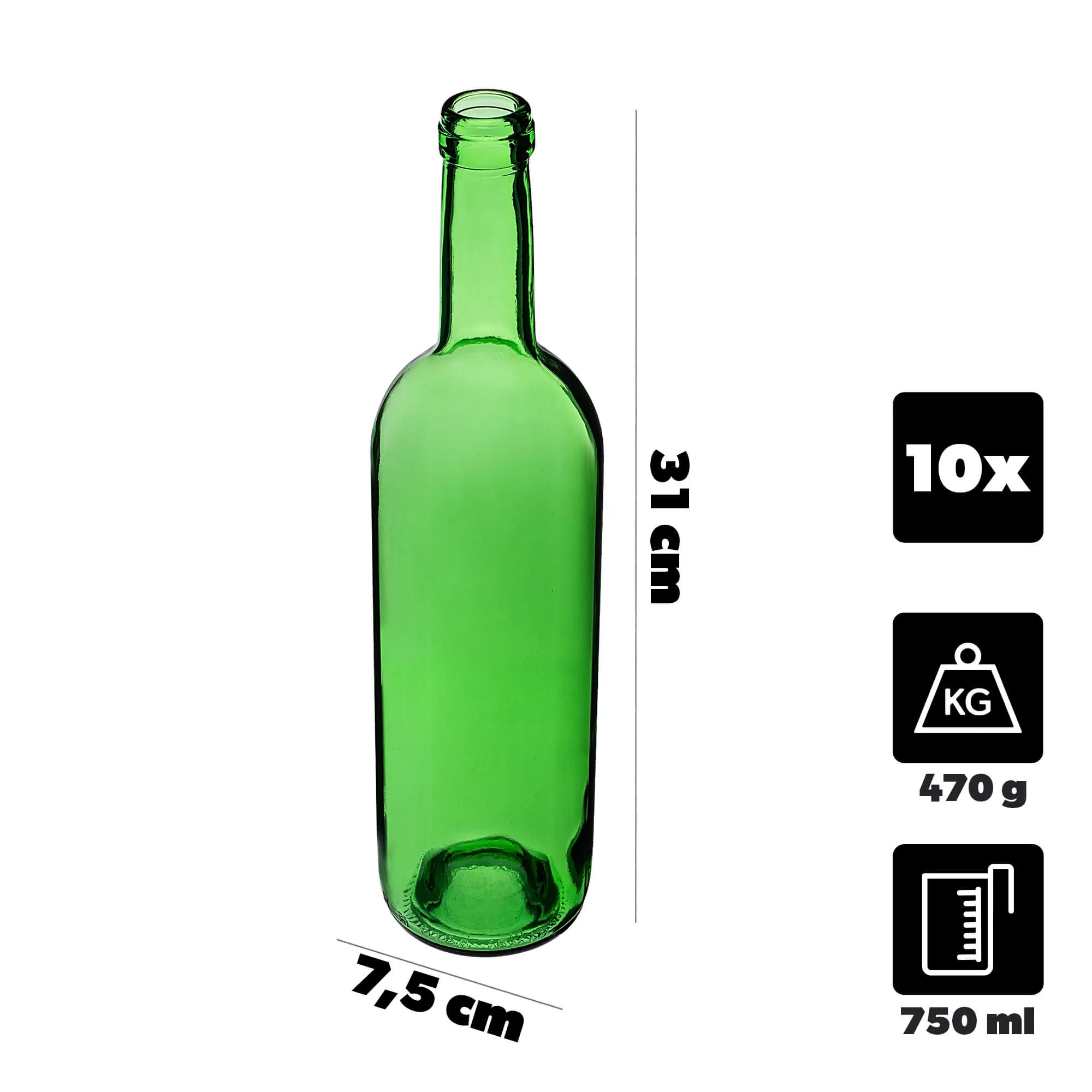 Biagio vyno buteliai 750 ml žali, be kamščio, 10 vnt.