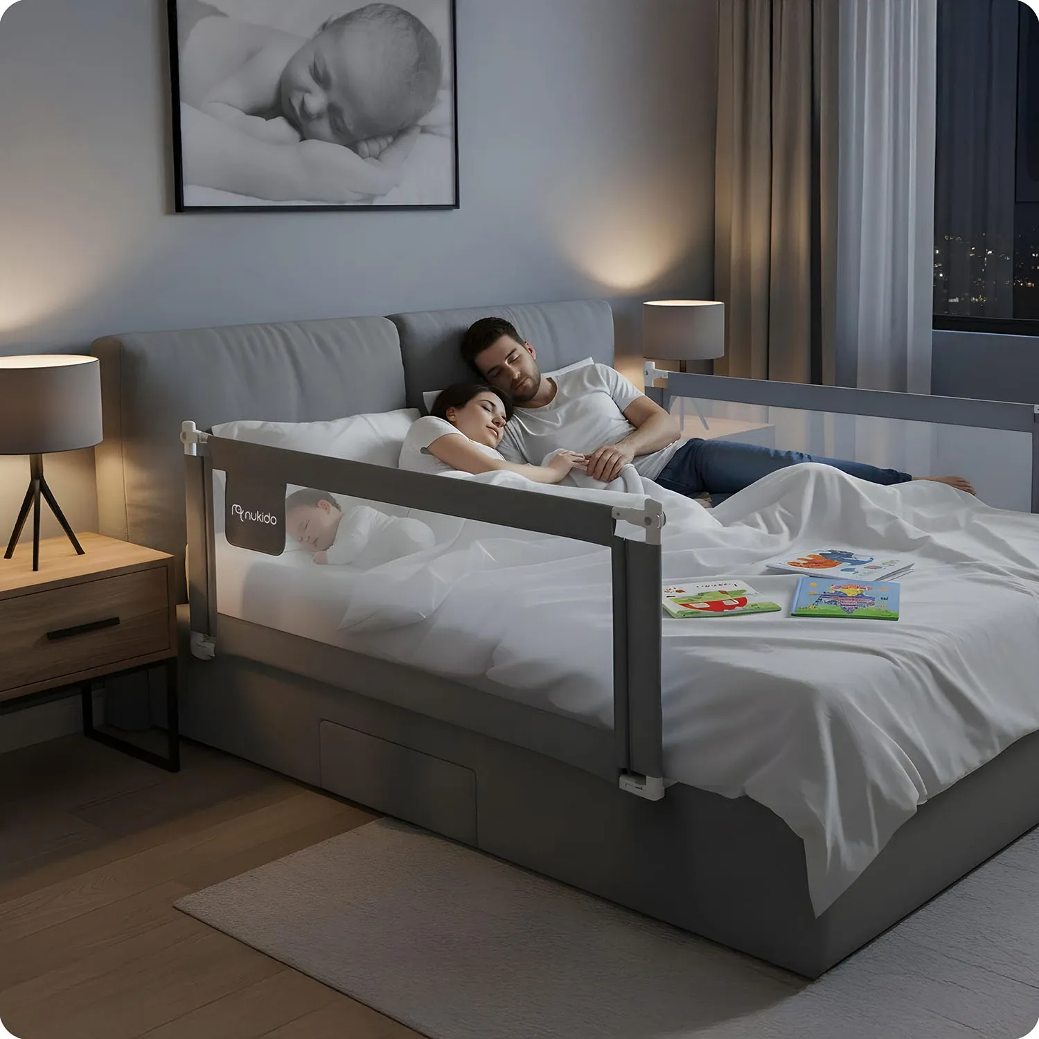 Lovos apsauginis turėklas, apsauginiai varteliai, spyna, 200 cm, Nukido NK-227, pilkas - nuotrauka 1