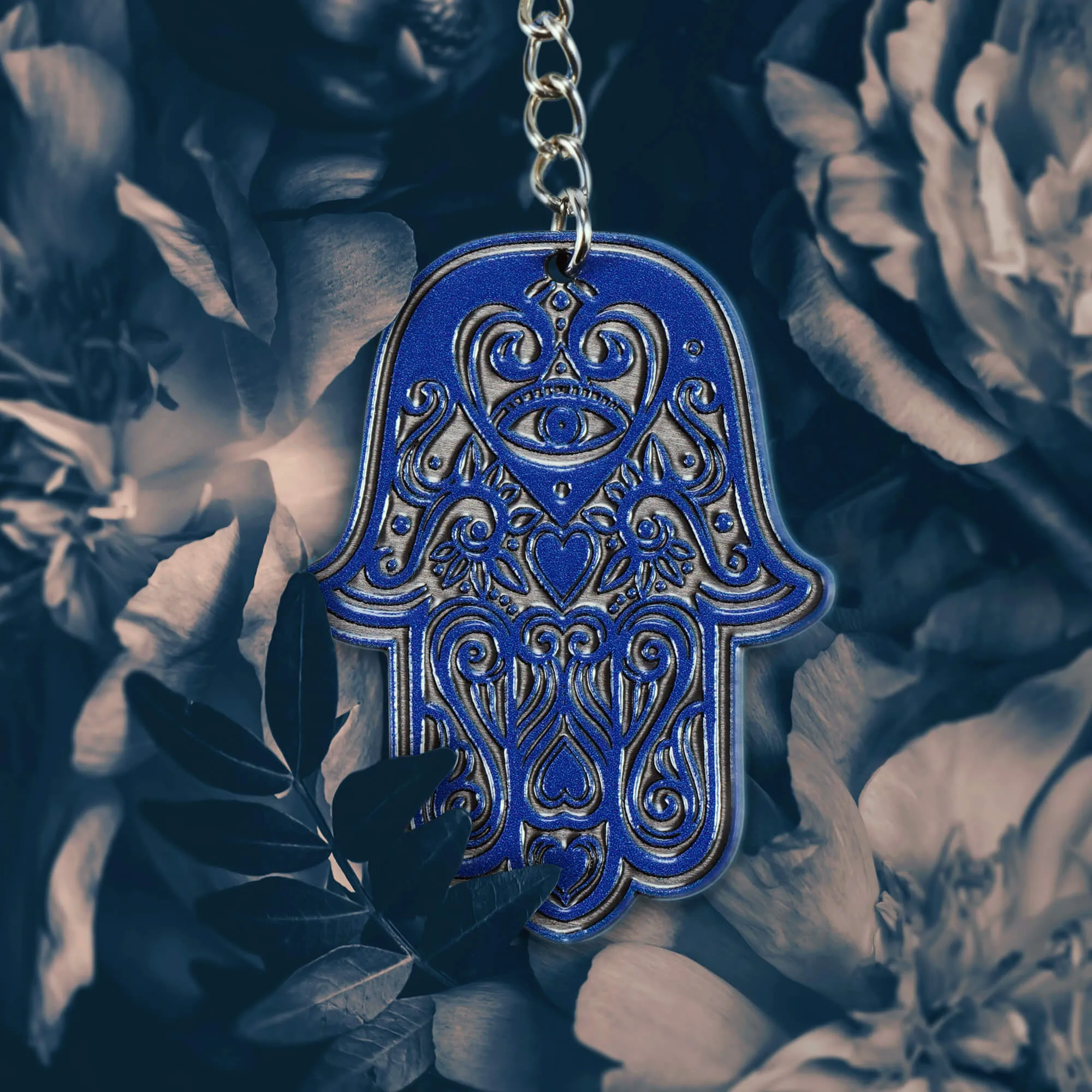 Hamsa raktų pakabukas 4 x 5 cm, mėlynas