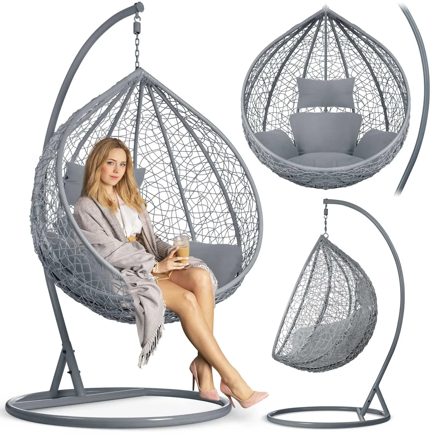 Havana pakabinama supamoji sodo kėdė, tamsiai pilka + pilkos pagalvėlės - nuotrauka 1