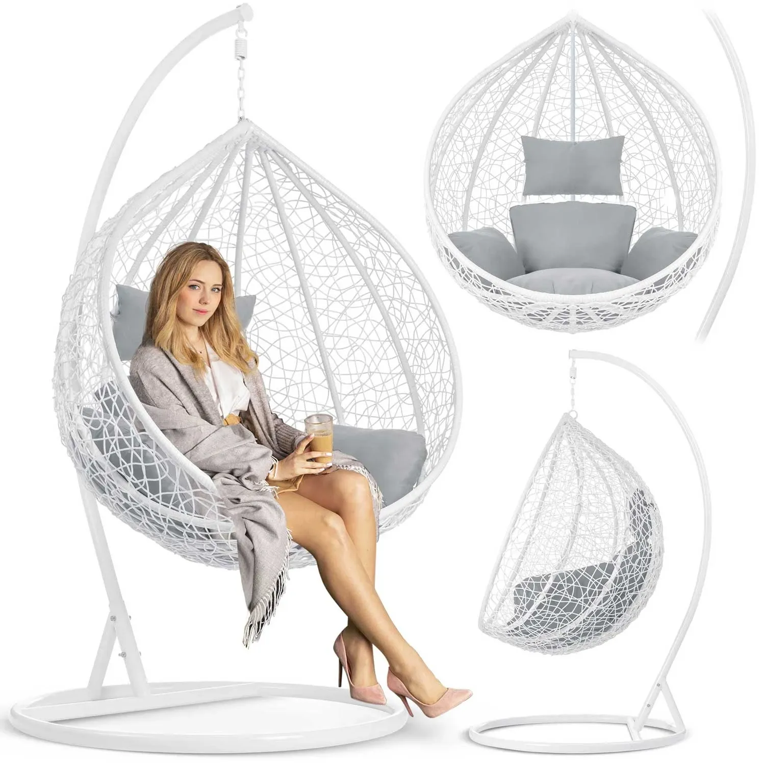 Havana pakabinama supamoji sodo kėdė, balta + šviesiai pilkos pagalvėlės - nuotrauka 1