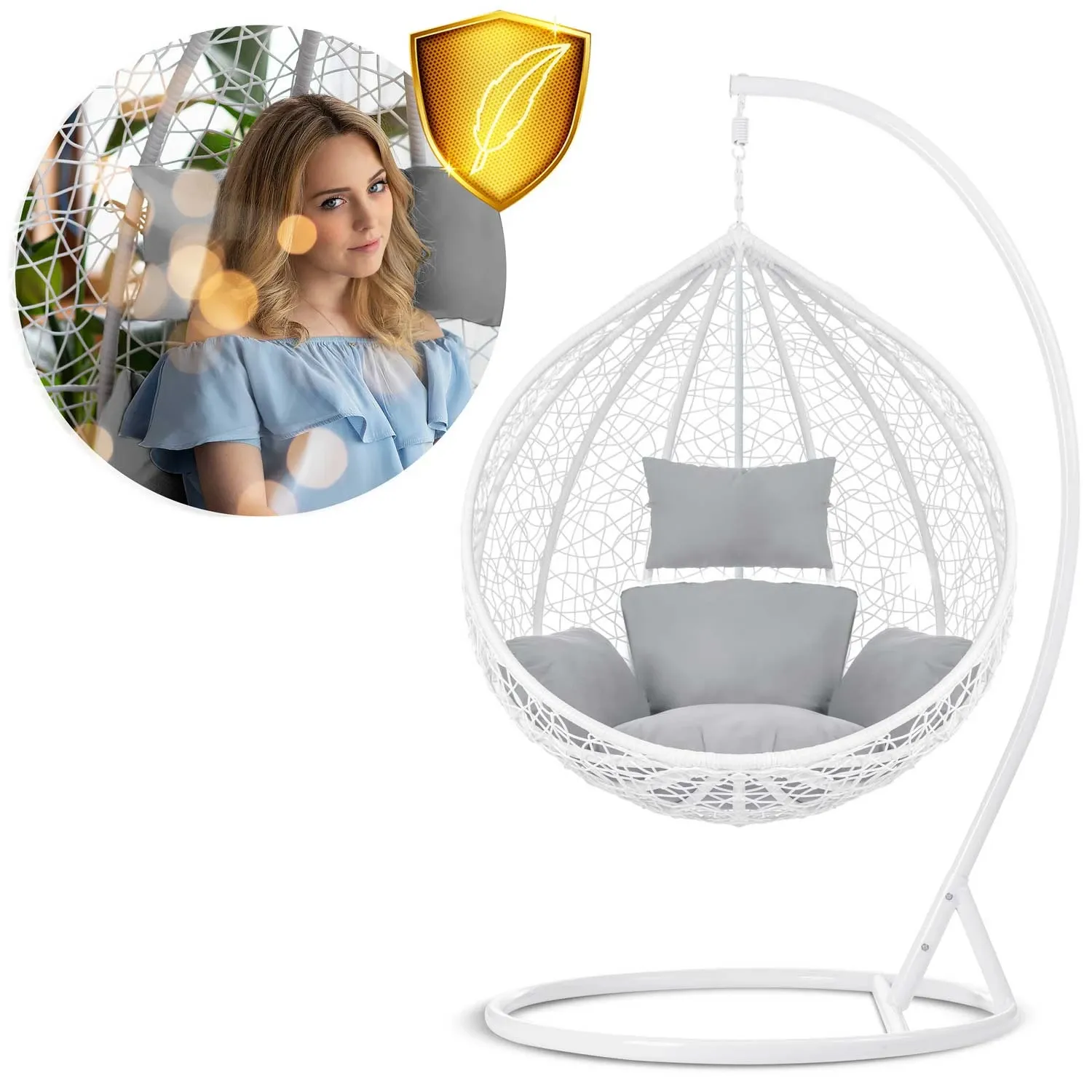 Havana pakabinama supamoji sodo kėdė, balta + šviesiai pilkos pagalvėlės - nuotrauka 1