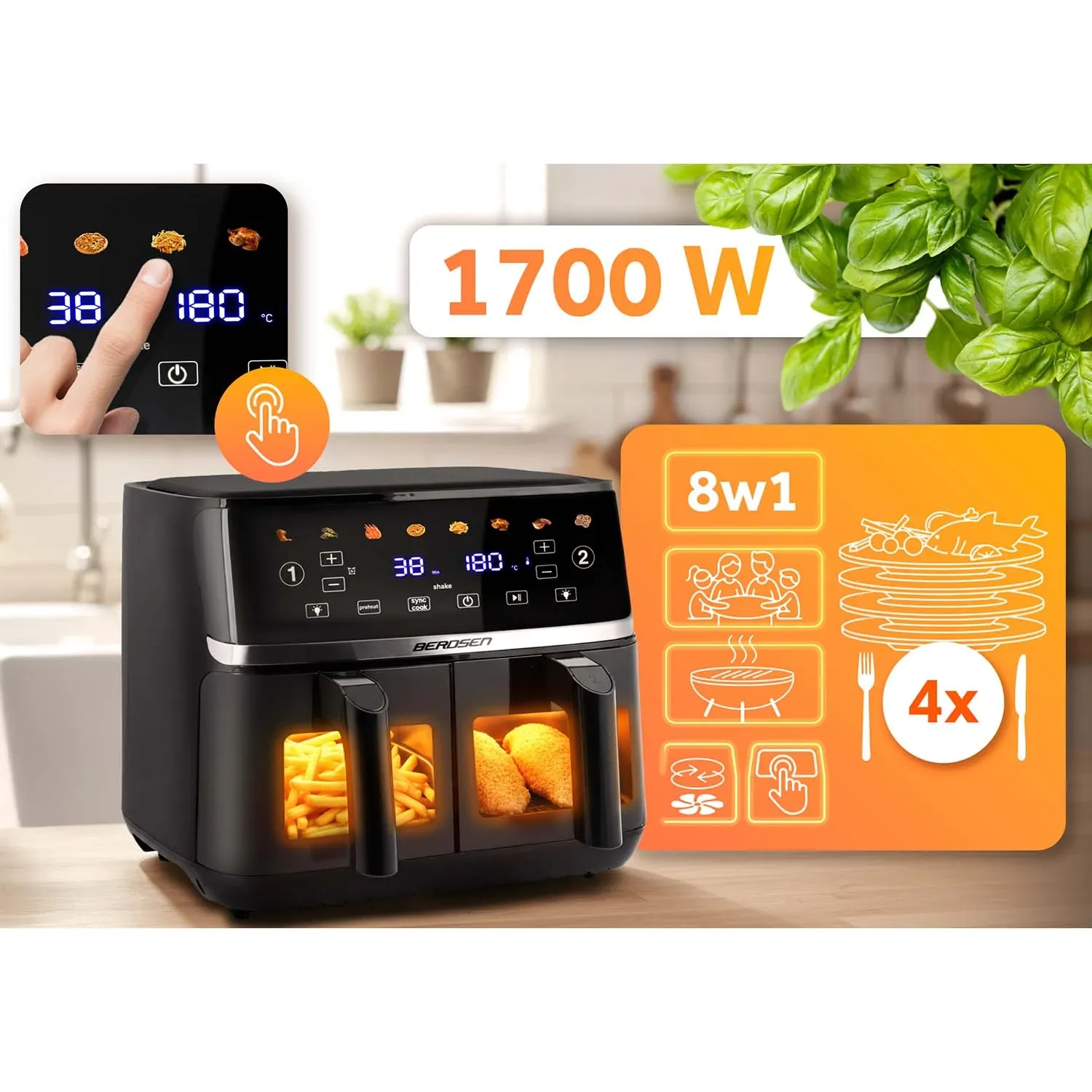 Didelė oro gruzdintuvė 10,2 l, XL dvigubos kameros, Berdsen BD-657, 1700 W, juoda - nuotrauka 1