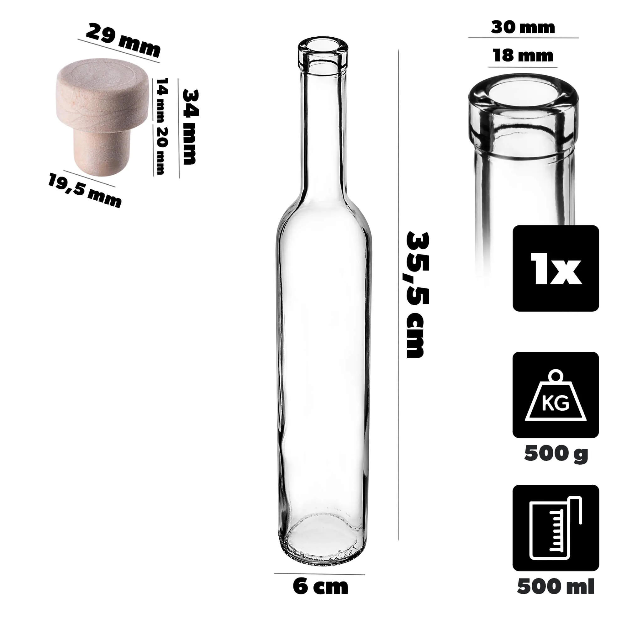 Turcio butelis su kamščiu 0,5 l su 19 mm kamščiu