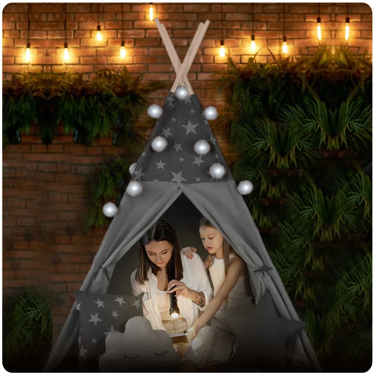 Nukido tipi palapinė vaikams su girlianda ir lemputėmis - pilka su žvaigždėmis - nuotrauka 1