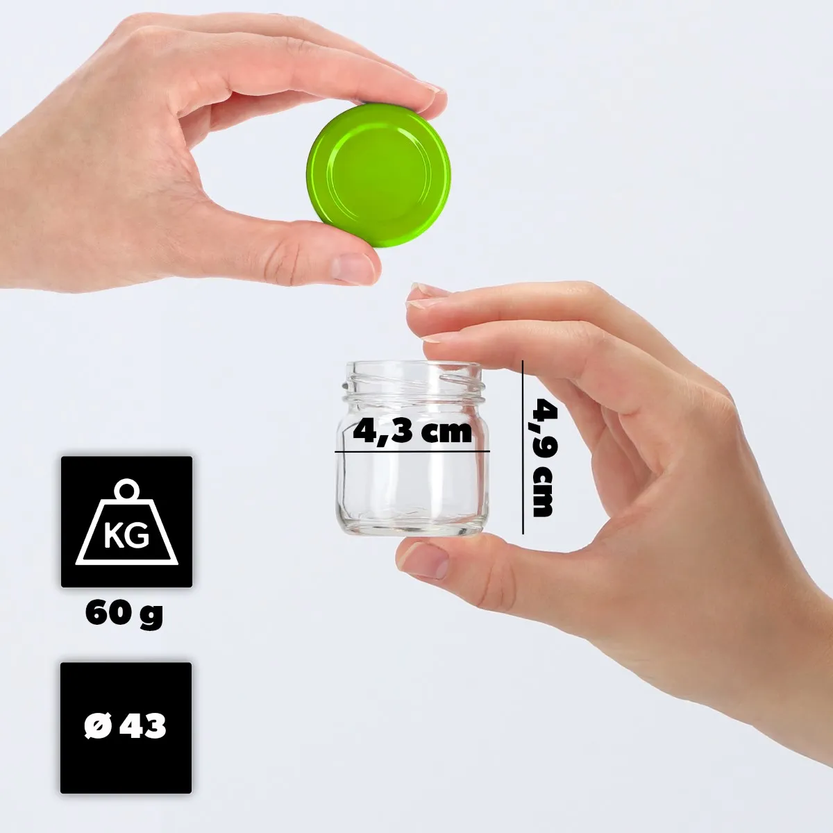 Halli konservavimo stiklainiai 40 ml 100 vnt. 43 mm + žali dangteliai