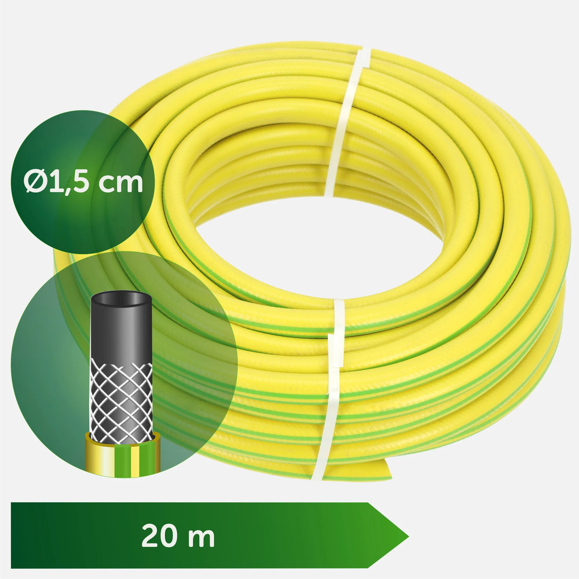 20 m 1/2 colio sodo žarna, žalia ir geltona
