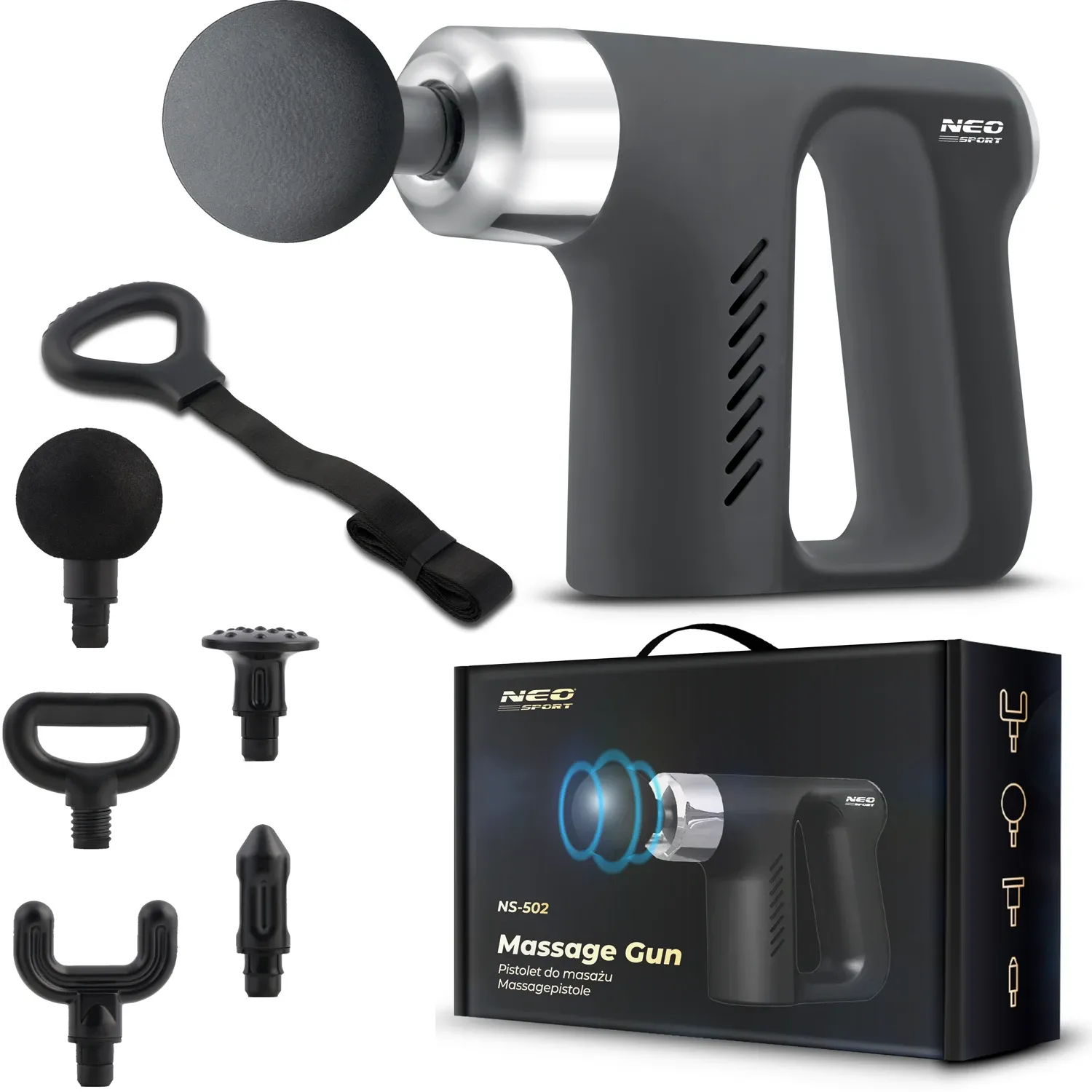 Kūno masažo pistoletas 5 antgaliai NS-502 Neo-sport juodas - nuotrauka 1