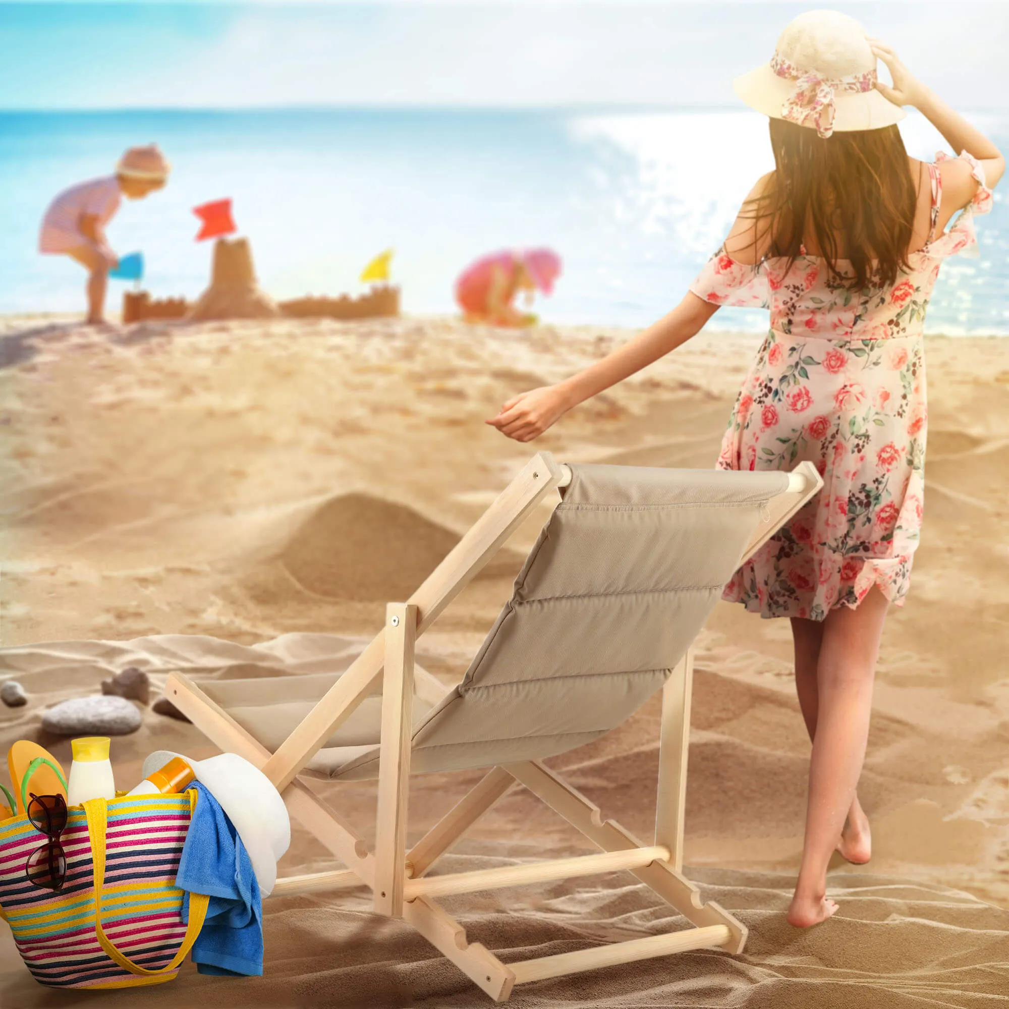 Troia paplūdimio gultas su pagalvėle, kapučino spalvos