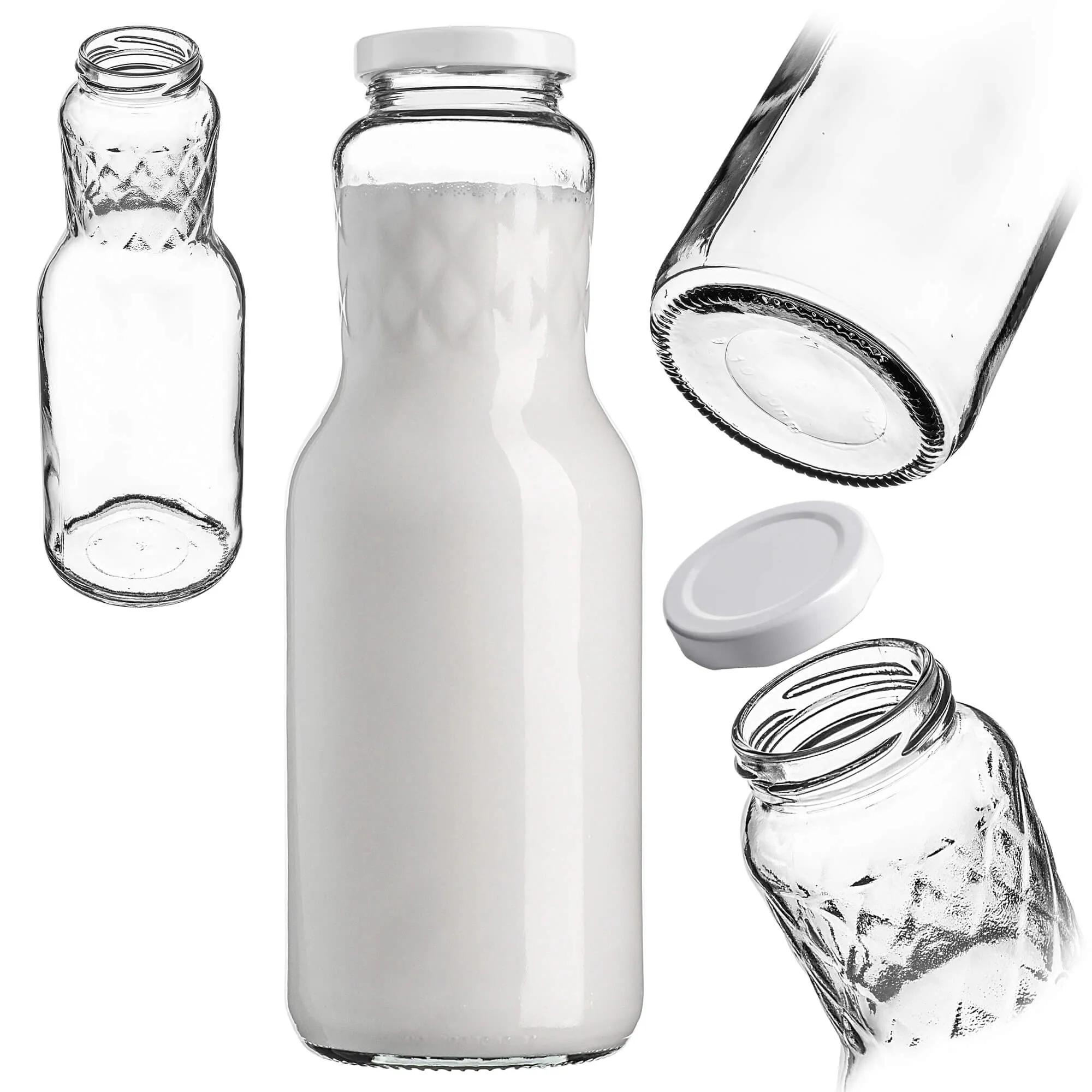 „Corlo“ stiklinis pieno butelis 1 l su baltu dangteliu, 53 mm skersmens, 1 vnt.