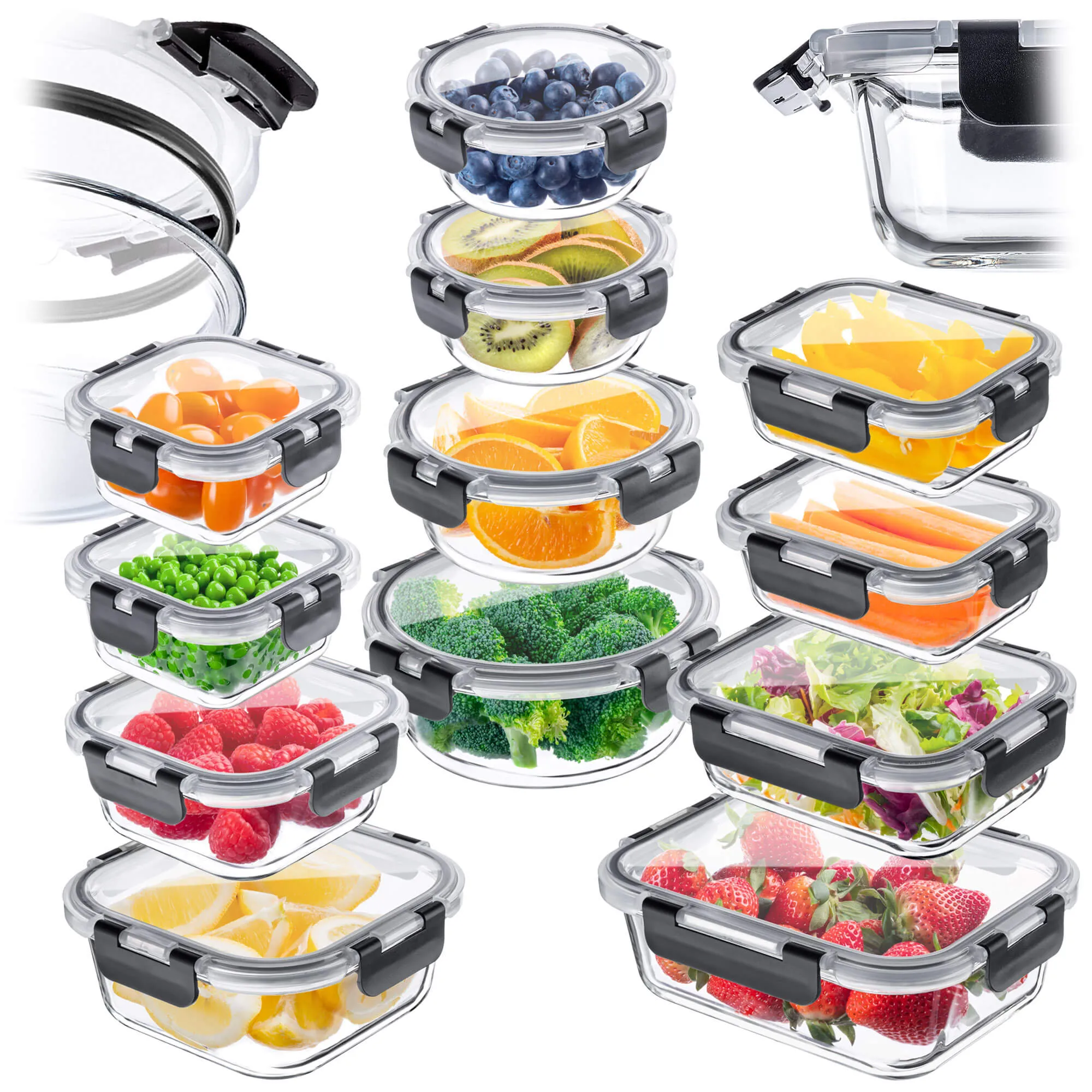 12 juodų Termoli stiklinių indelių su dangteliais rinkinys