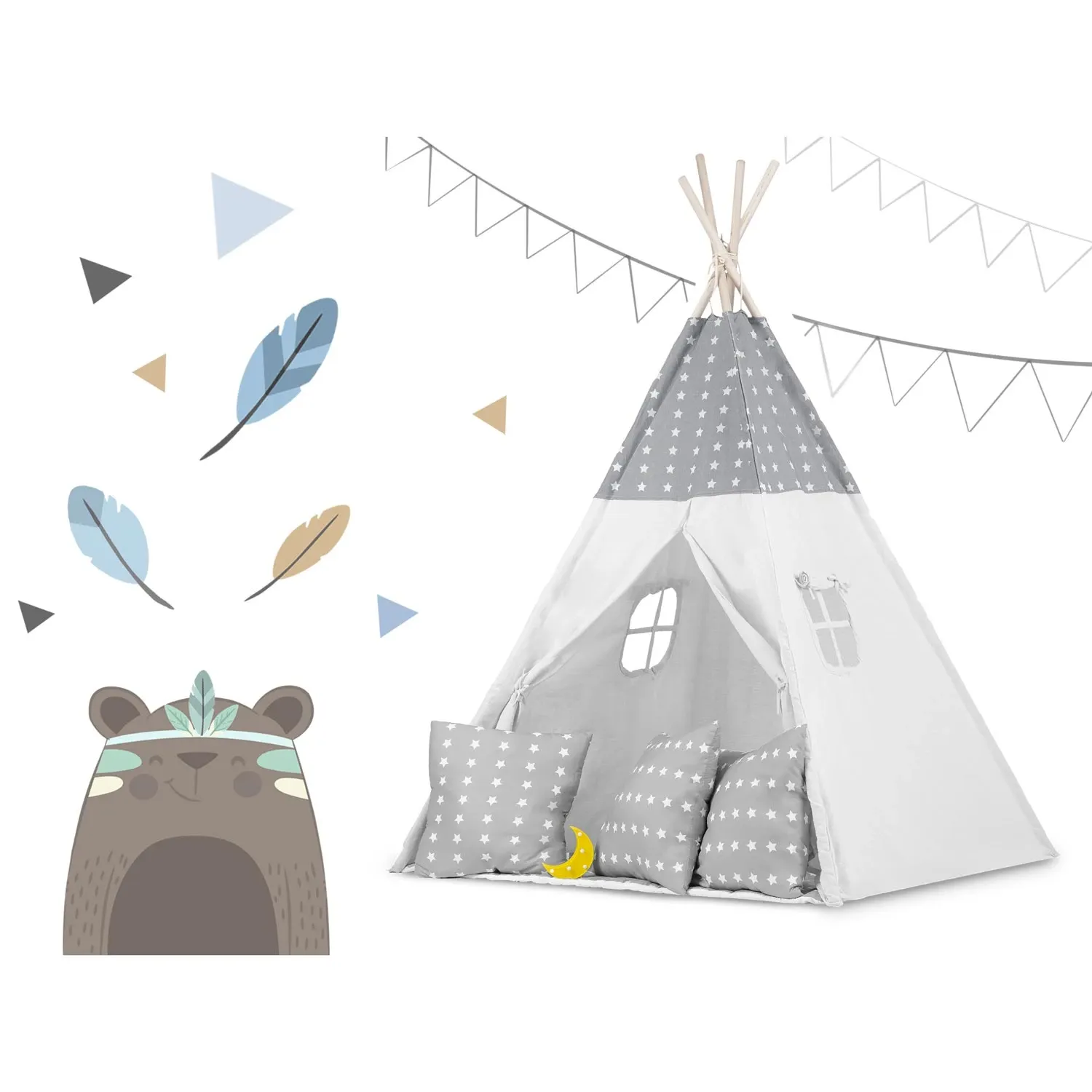 Vaikiška tipi palapinė su girlianda ir lemputėmis - šviesiai pilka su žvaigždutėmis - nuotrauka 1