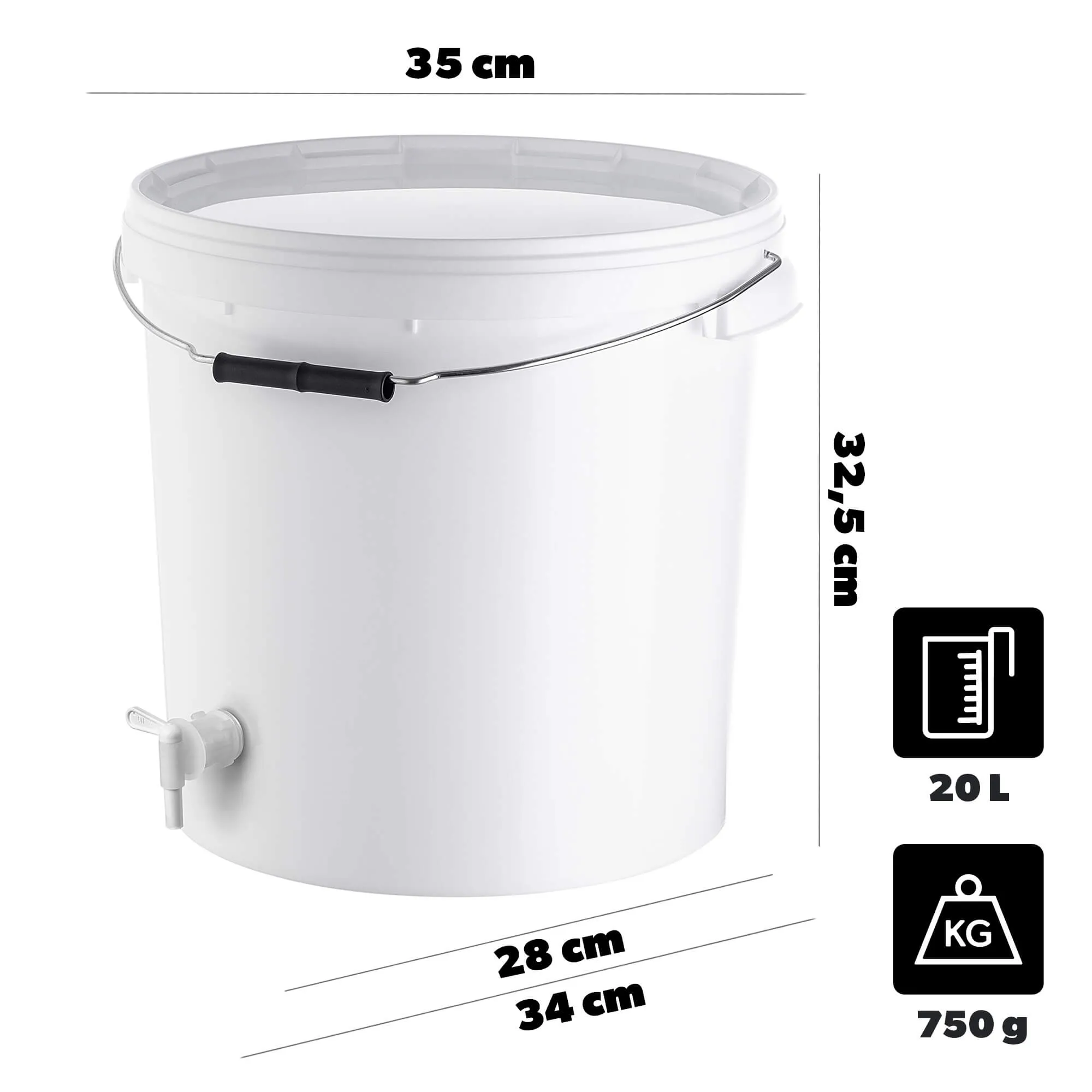 Acerra fermentacijos indas su dangčiu ir rankena, 20 l, baltas + čiaupas
