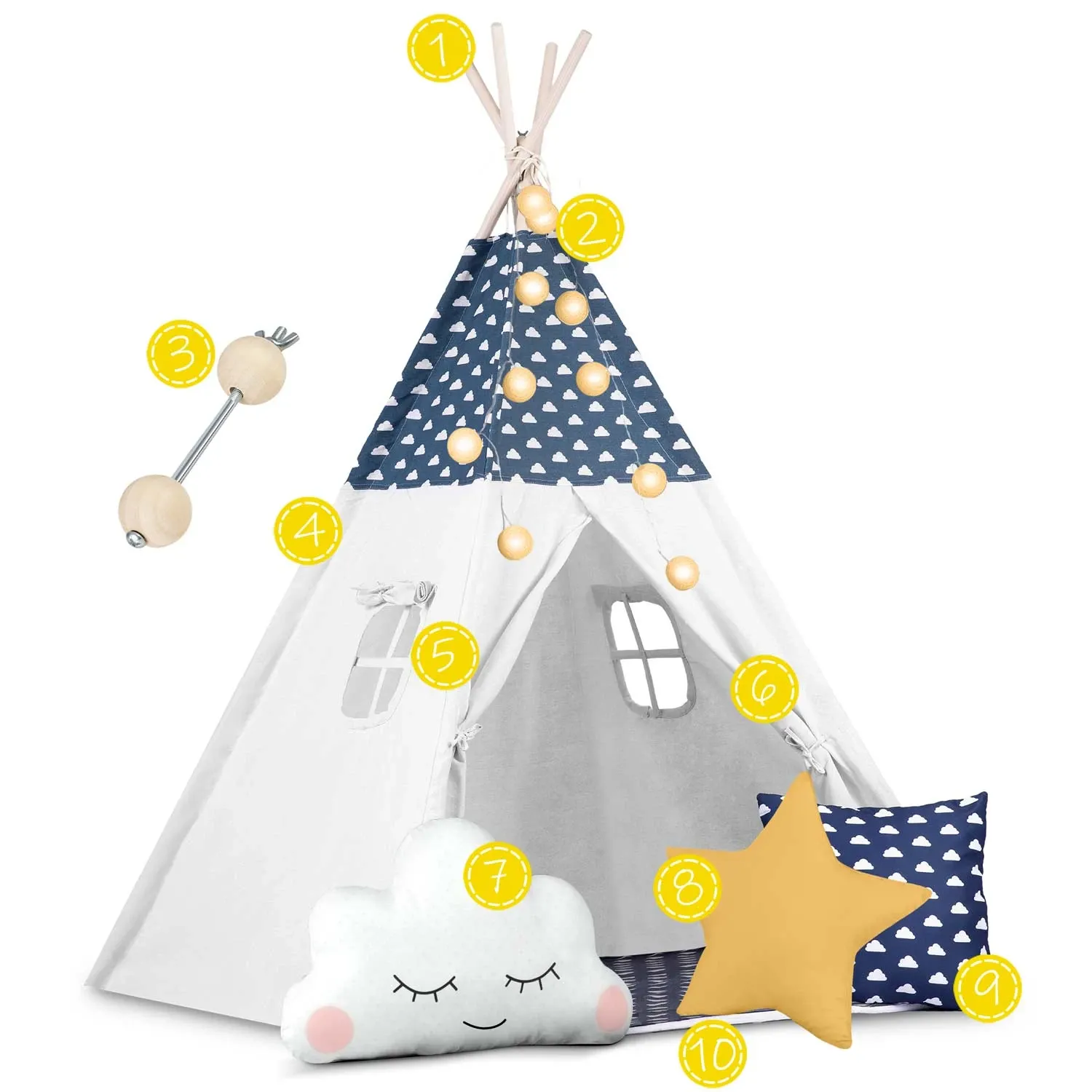 „Nukido“ vaikiška palapinė-tipi su šviesomis – tamsiai mėlyna - nuotrauka 1
