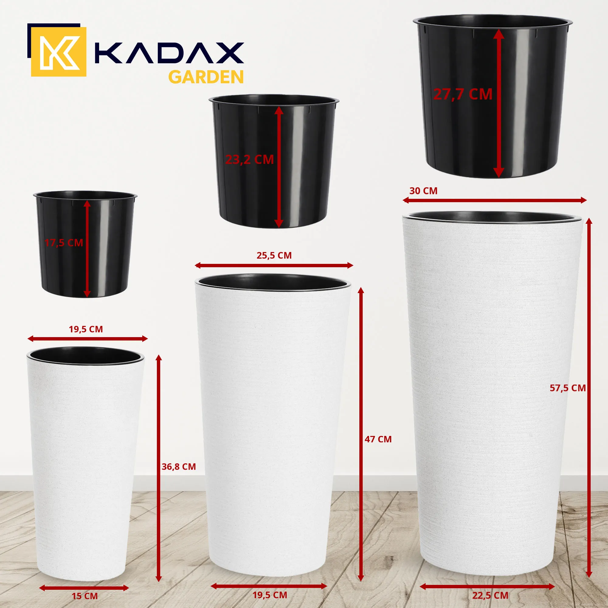Gėlių vazonai su kaltu 19 cm + 25 cm + 30 cm, balti