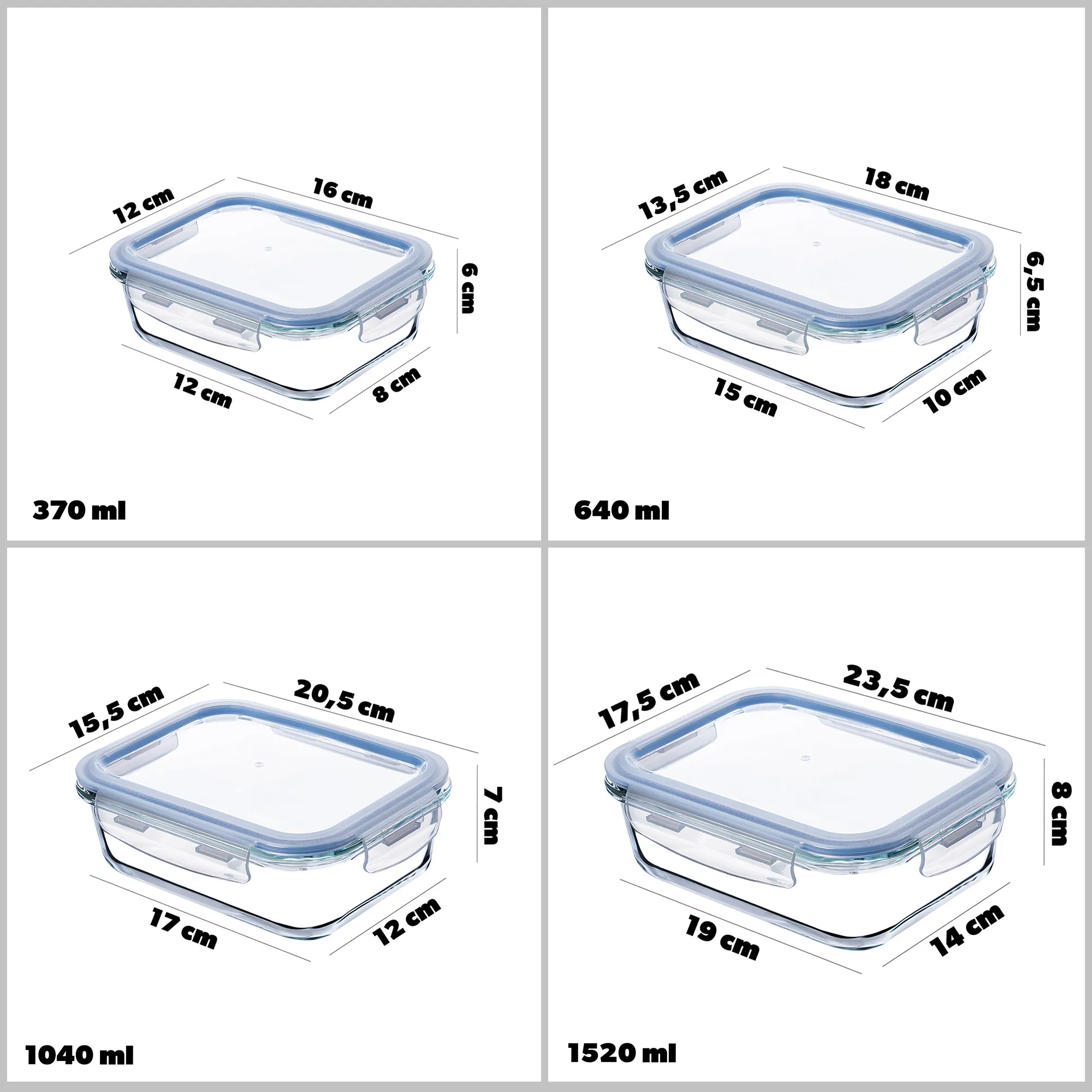 Athie stačiakampių indelių rinkinys 370 ml + 640 ml + 1040 ml + 1520 ml