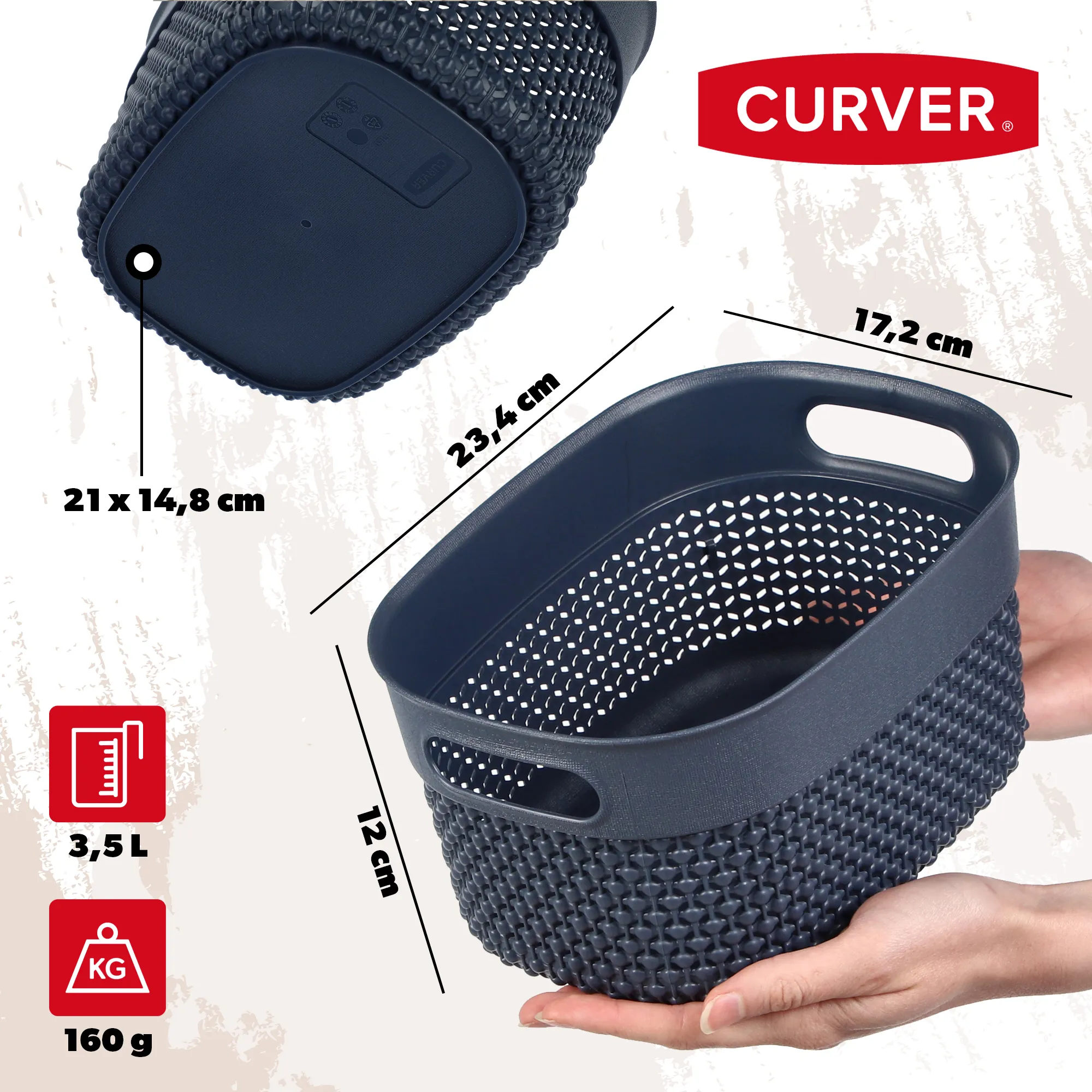 3,5 l „Curver Filo“ perdirbto stačiakampio formos krepšelis, tamsiai mėlynas