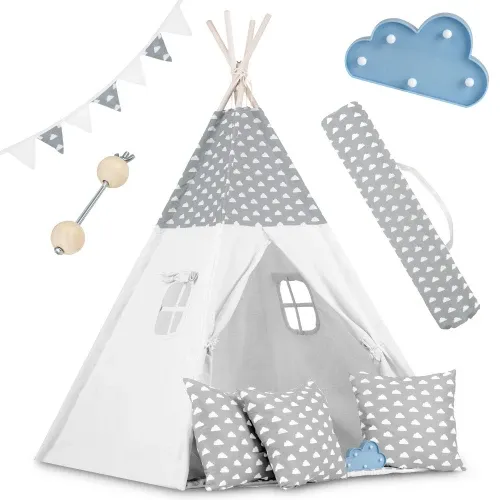 Vaikiška tipi palapinė su girlianda ir lemputėmis - šviesiai pilka su debesėliais - nuotrauka 1