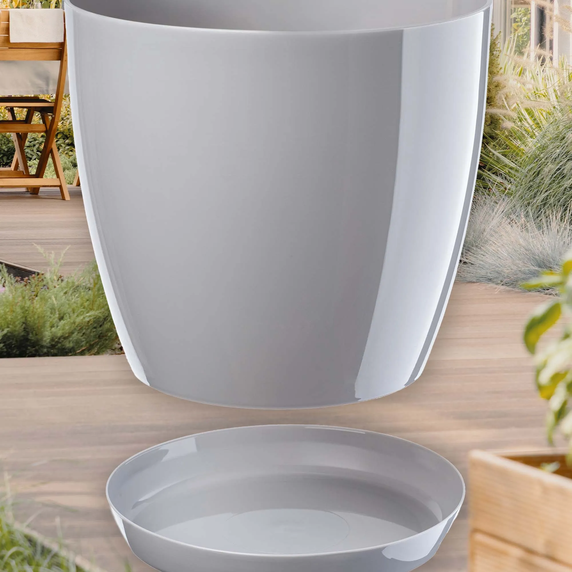 Agen vazonas su lėkštute, pilkas, 18 cm, 3 vnt.