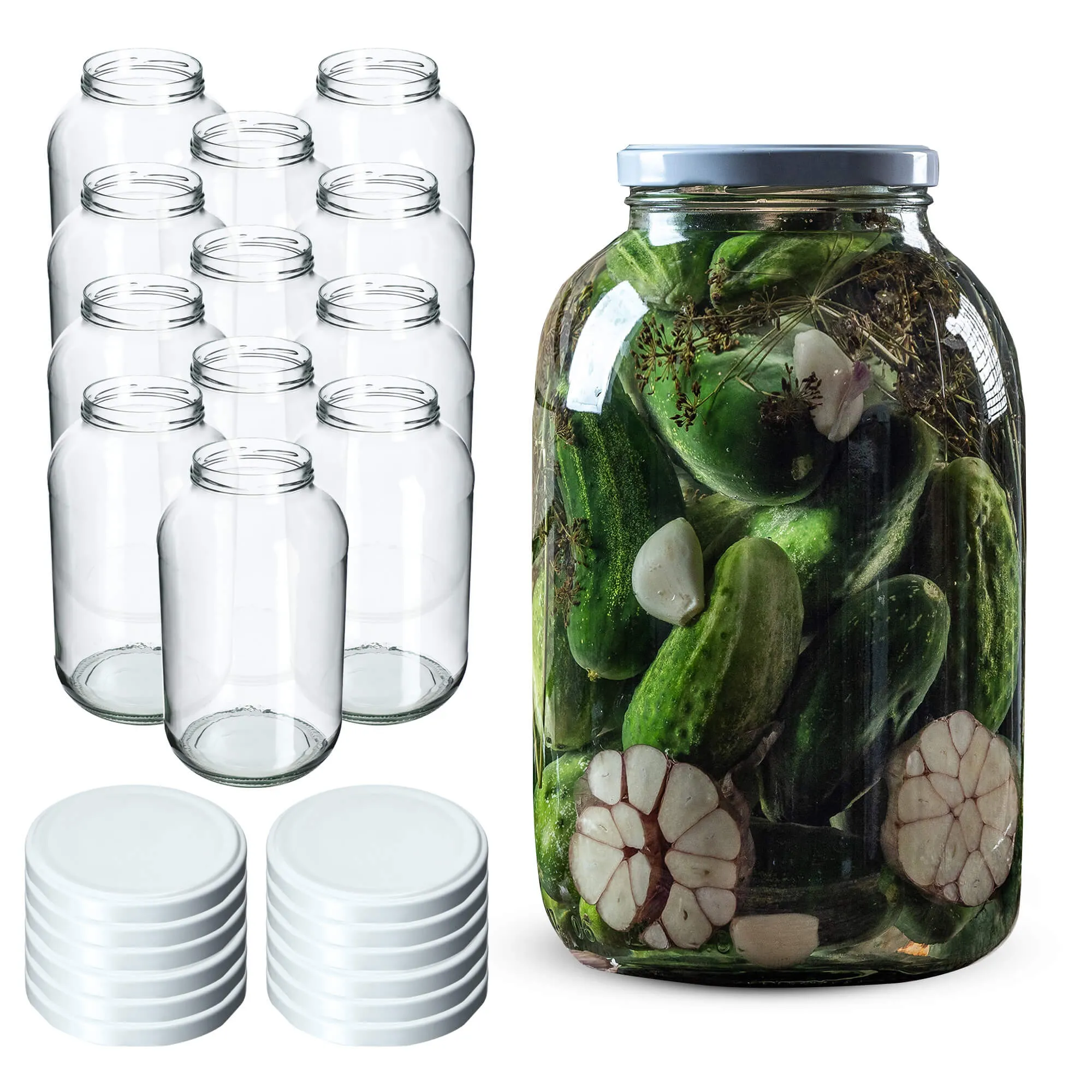 Brest stikliniai indeliai 4 l, 100 mm + balti dangteliai, 12 vnt.