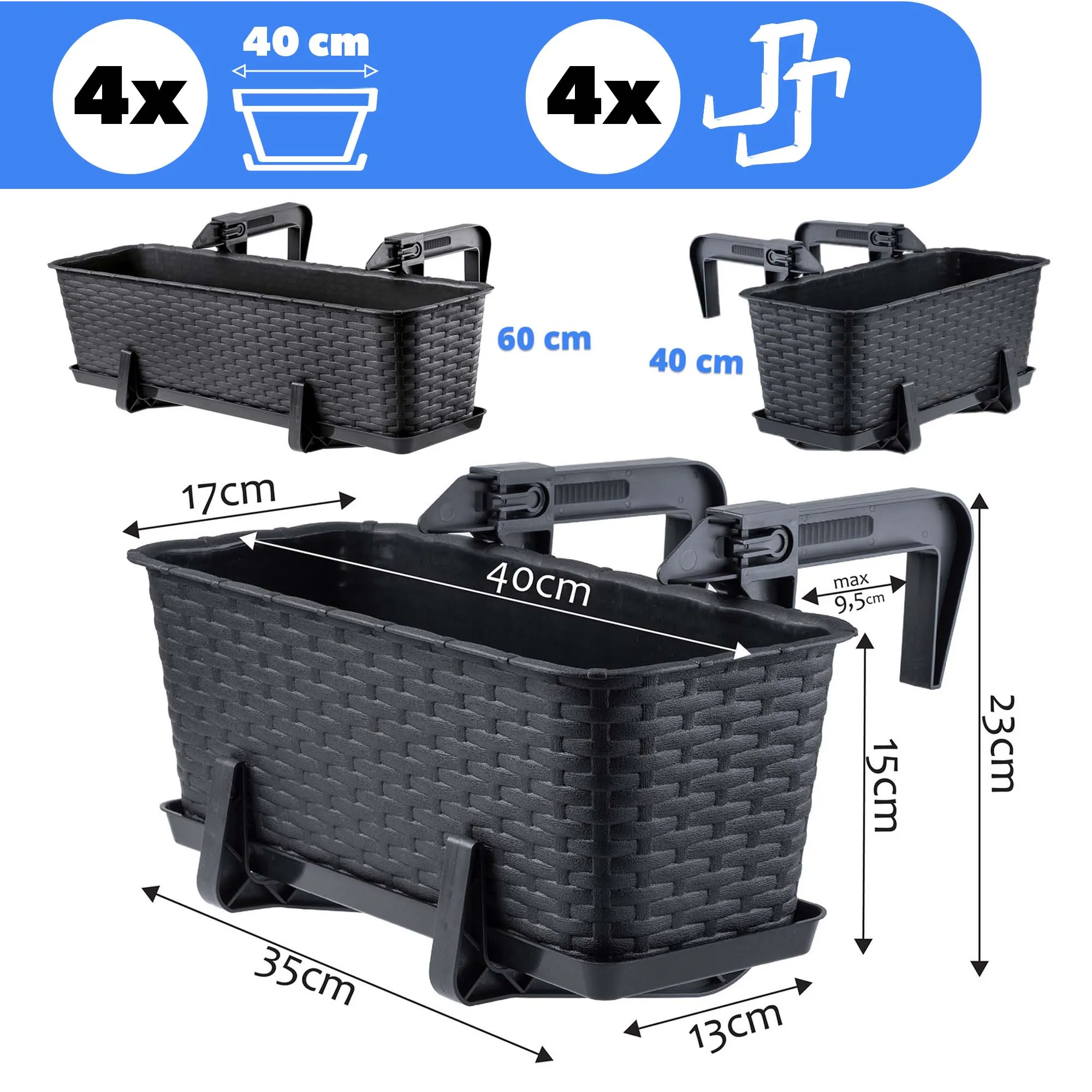 Balkono dėžė su rankenomis Castro antracito spalvos 40 cm