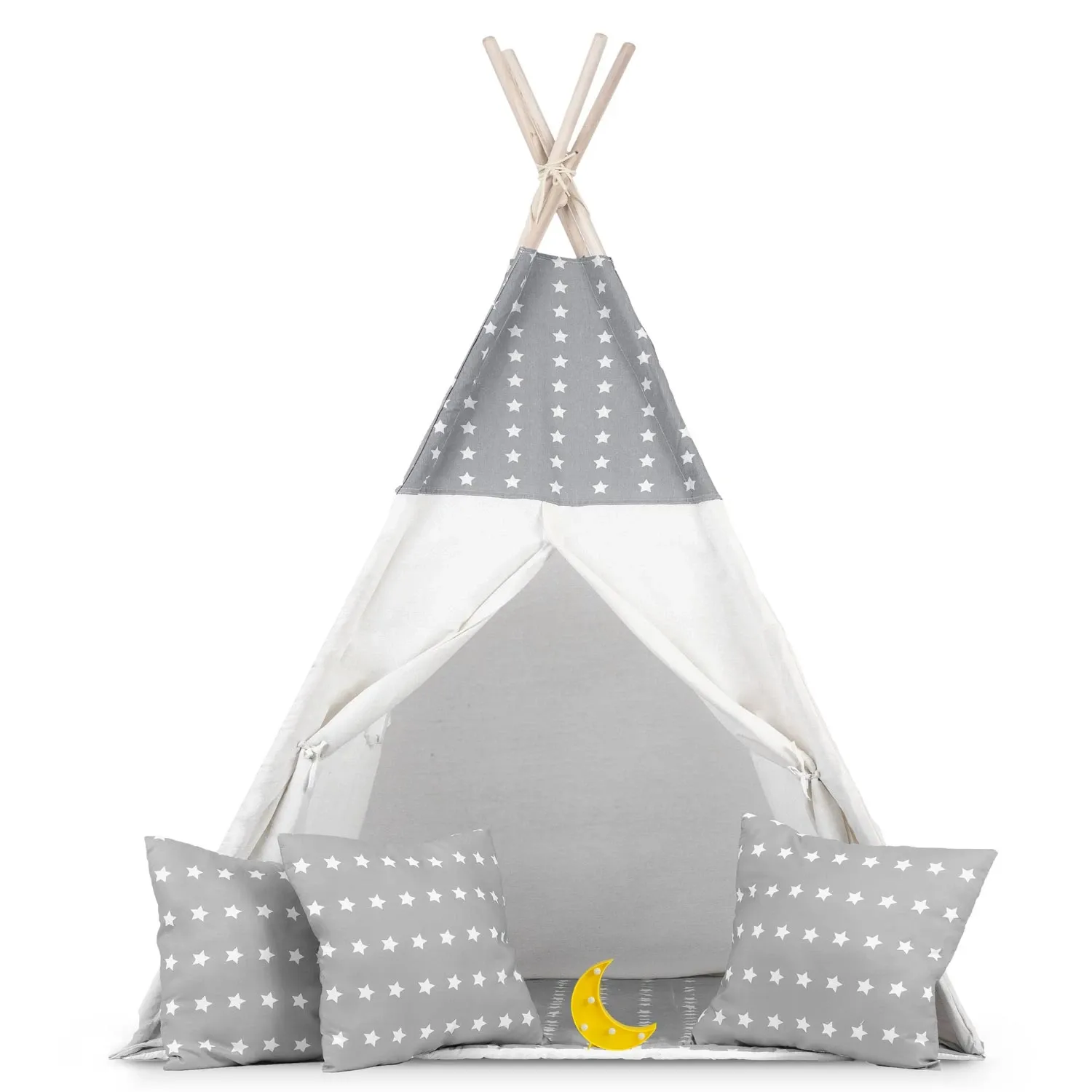 Vaikiška tipi palapinė su girlianda ir lemputėmis - šviesiai pilka su žvaigždutėmis - nuotrauka 1