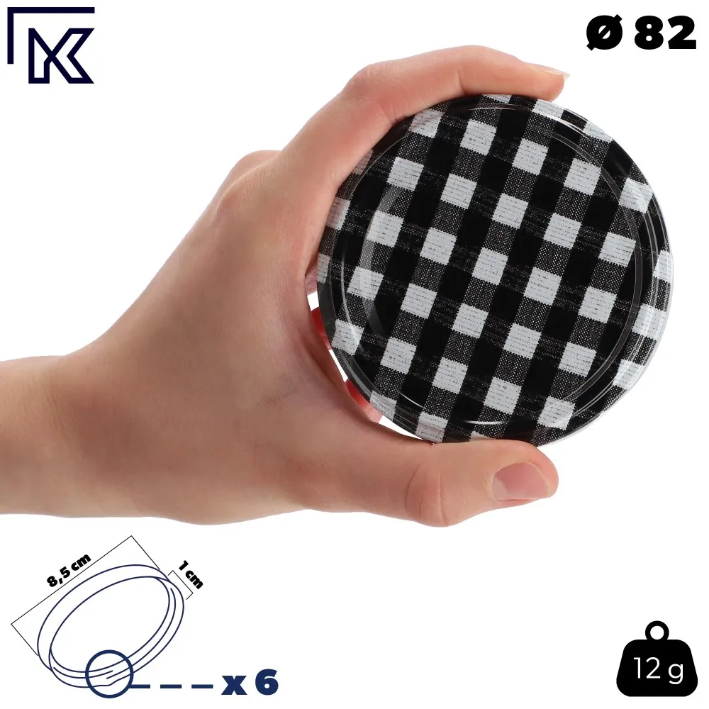 Metaliniai dangteliai Virbo stiklainiams, 10 vnt., 82 mm skersmens, „Black Grid“