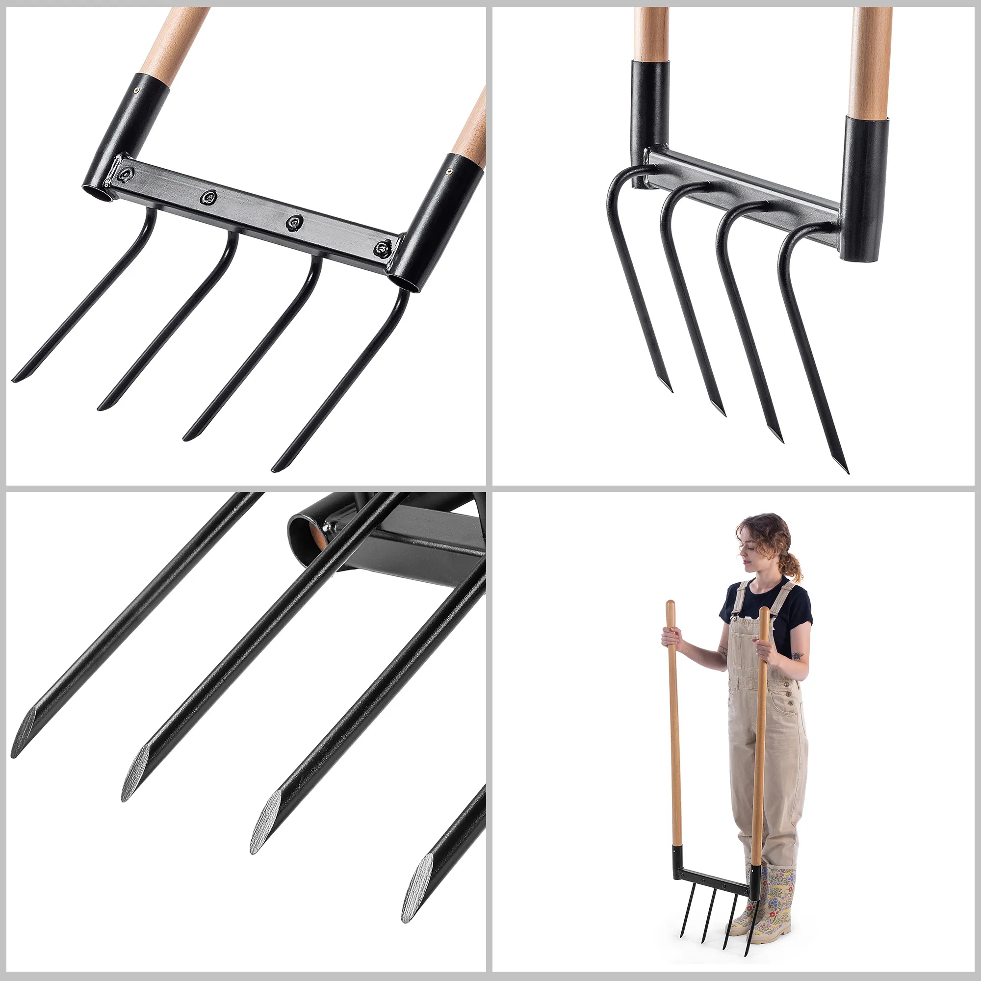 Sodo šakutė dirvos purenimui, 4 dalių, su rankenomis