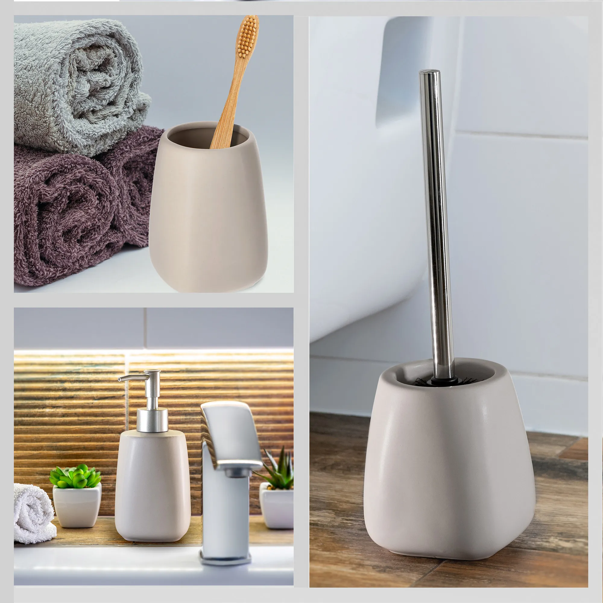 Vonios kambario komplektas: tualetinis šepetys + puodelis + dozatorius, smėlio spalvos