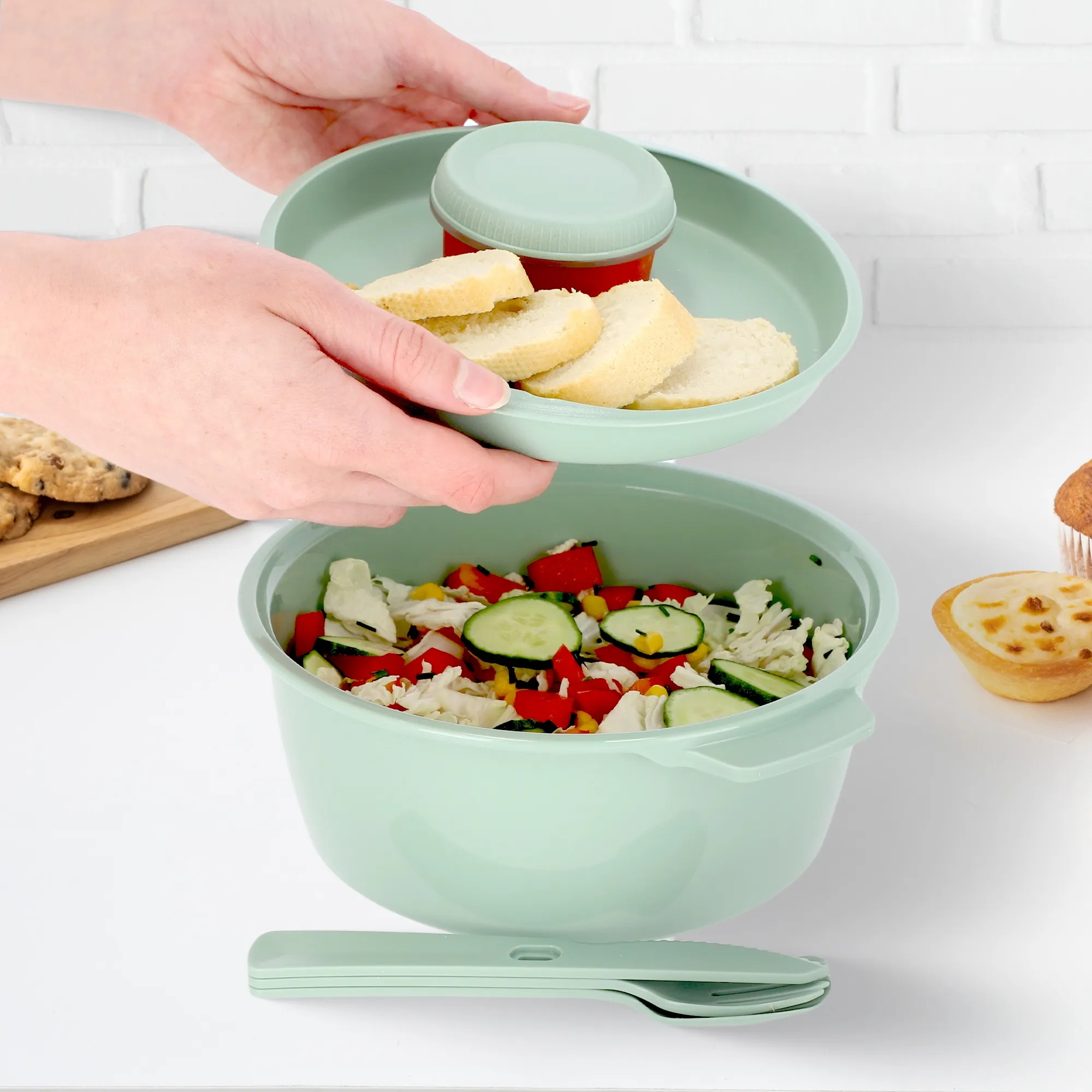 1,6 l „Curver To Go“ pietų rinkinys, apvalus maisto indelis, žalias