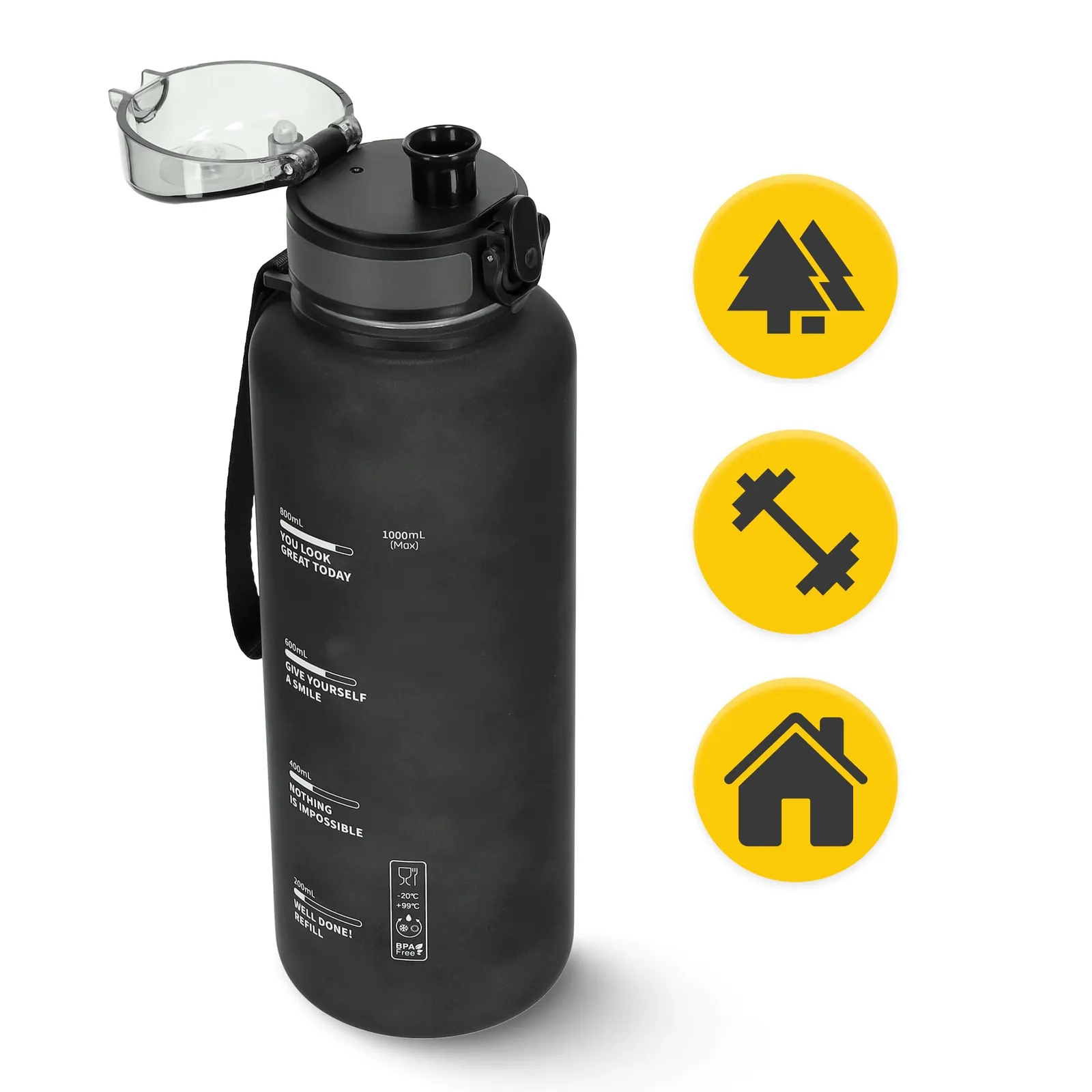 1 l juodas sportinis vandens butelis