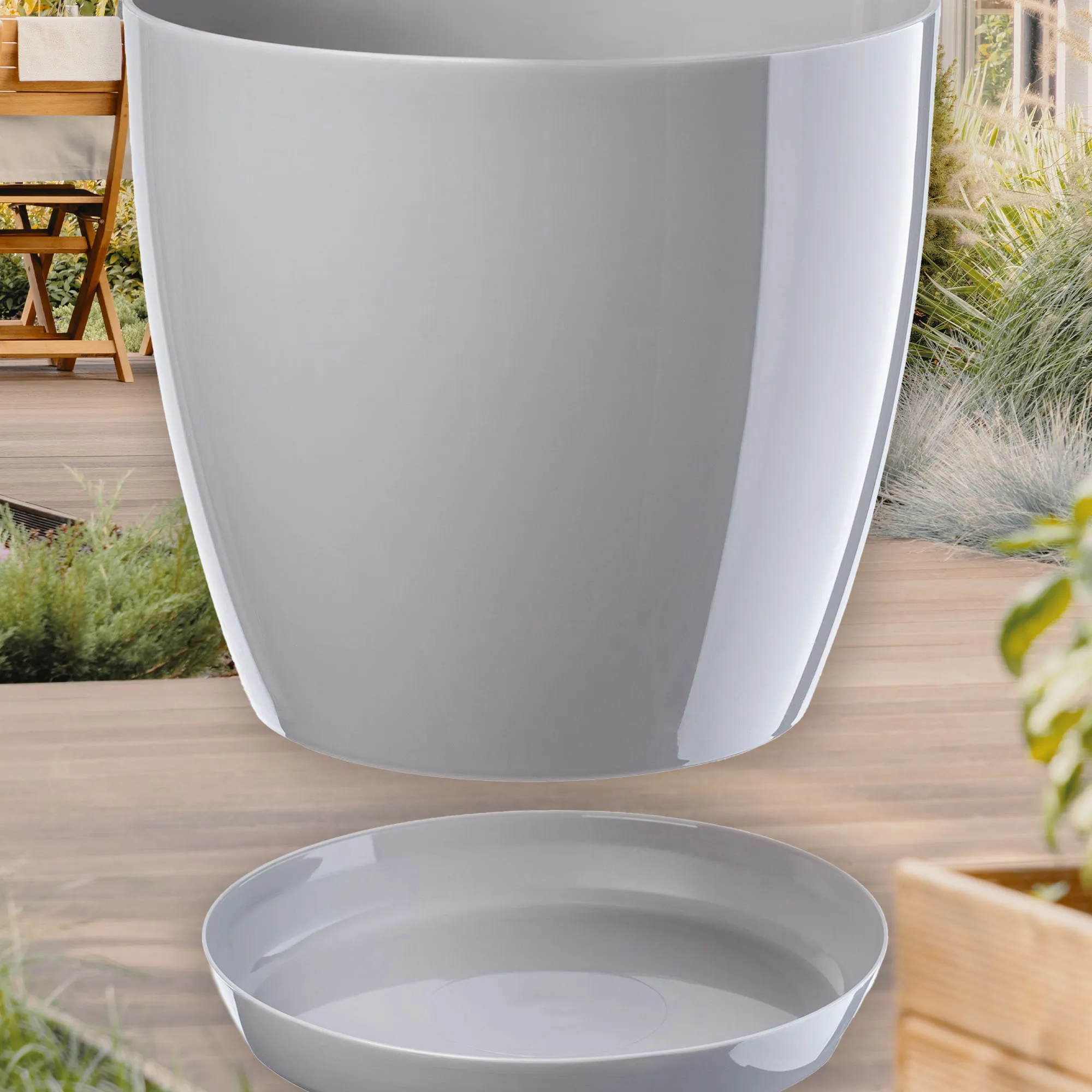 Agen vazonas su lėkštute, pilkas, 20 cm, 3 vnt.