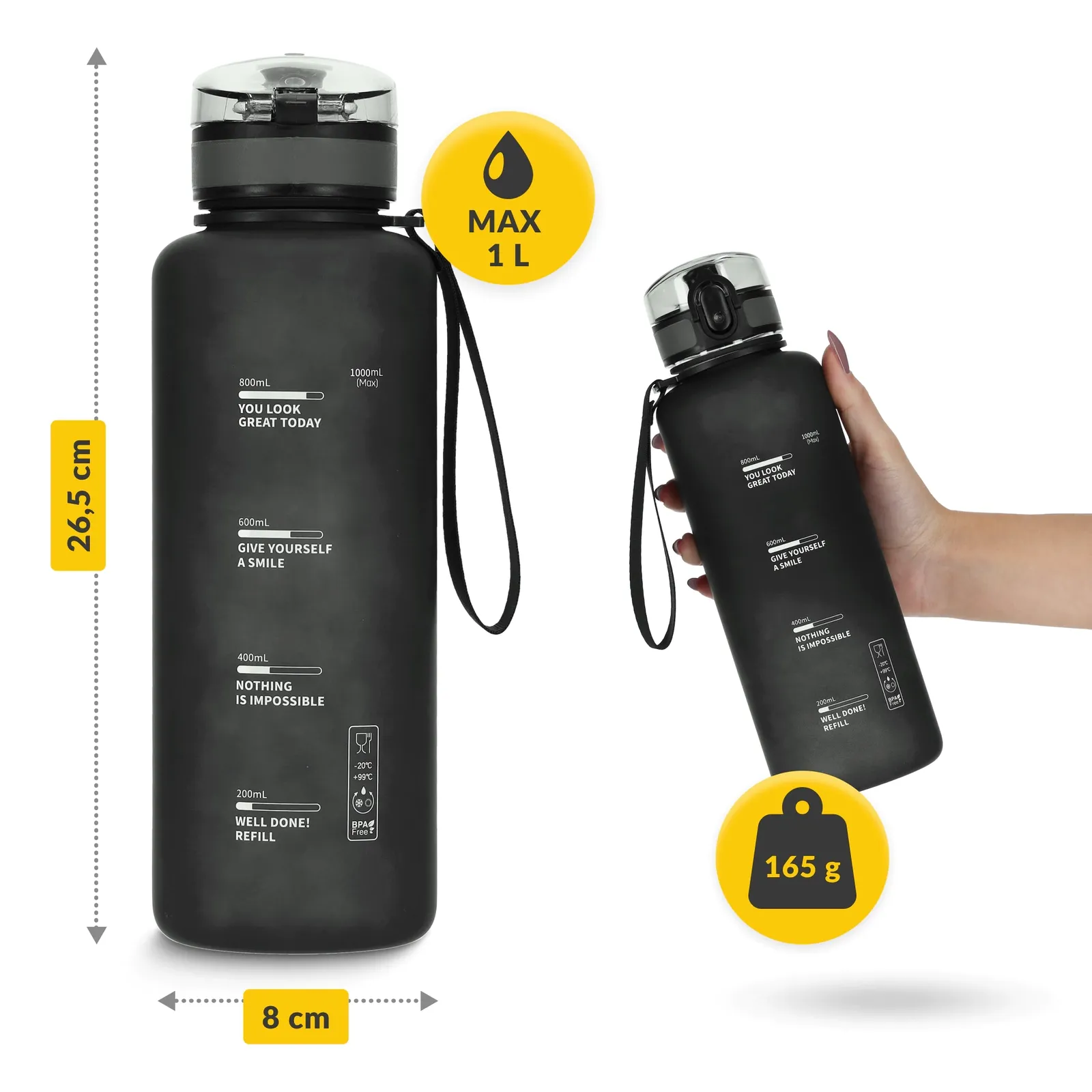 1 l juodas sportinis vandens butelis